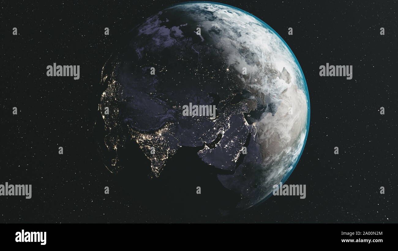 Ruotare la terra luna stella orbita Via Lattea sfondo. Twilight nebulosa galassia Spin pianeta universo Celeste Mappa. Spazio Satellite Concetto di viaggio animazione 3D Foto Stock