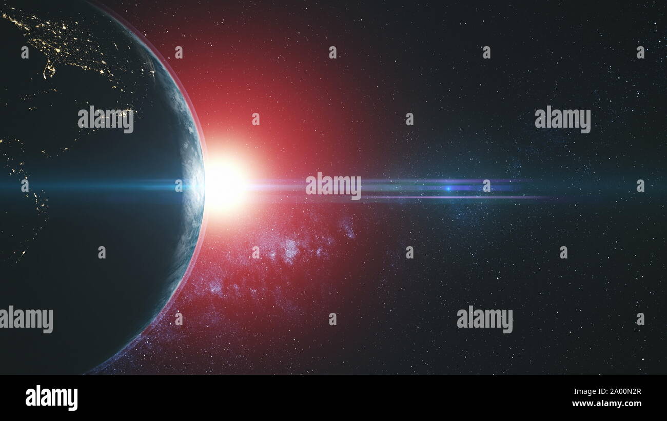 Il pianeta terra cerchio intorno Flare Sun bagliore del fascio. Stellato celesti Galaxy asteroide deep outer space vista satellitare. Universo Concetto di viaggio animazione 3D Foto Stock