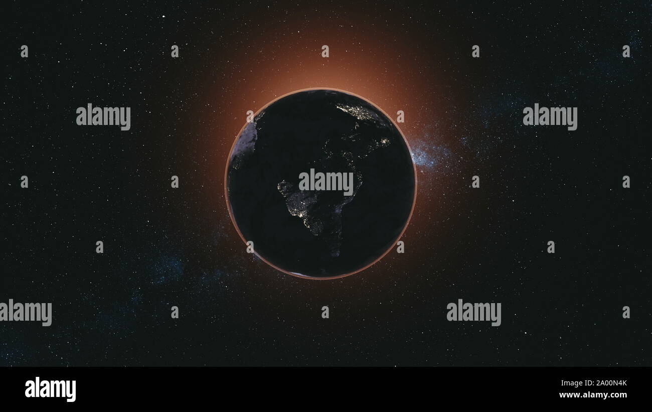 Ruotare il pianeta Terra Zoom In Fascio di Sun si illuminano. Galaxy celesti costellazione COSMO nebulosa profondo di sfondo Spazio Aperto Concetto di viaggio animazione 3D Foto Stock