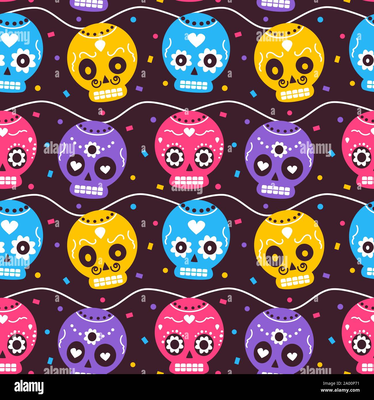 Carino colorato dia messicano de los Muertos vacanza perfetta configurazione vettore illustrazione dello sfondo con teschi e coriandoli Illustrazione Vettoriale