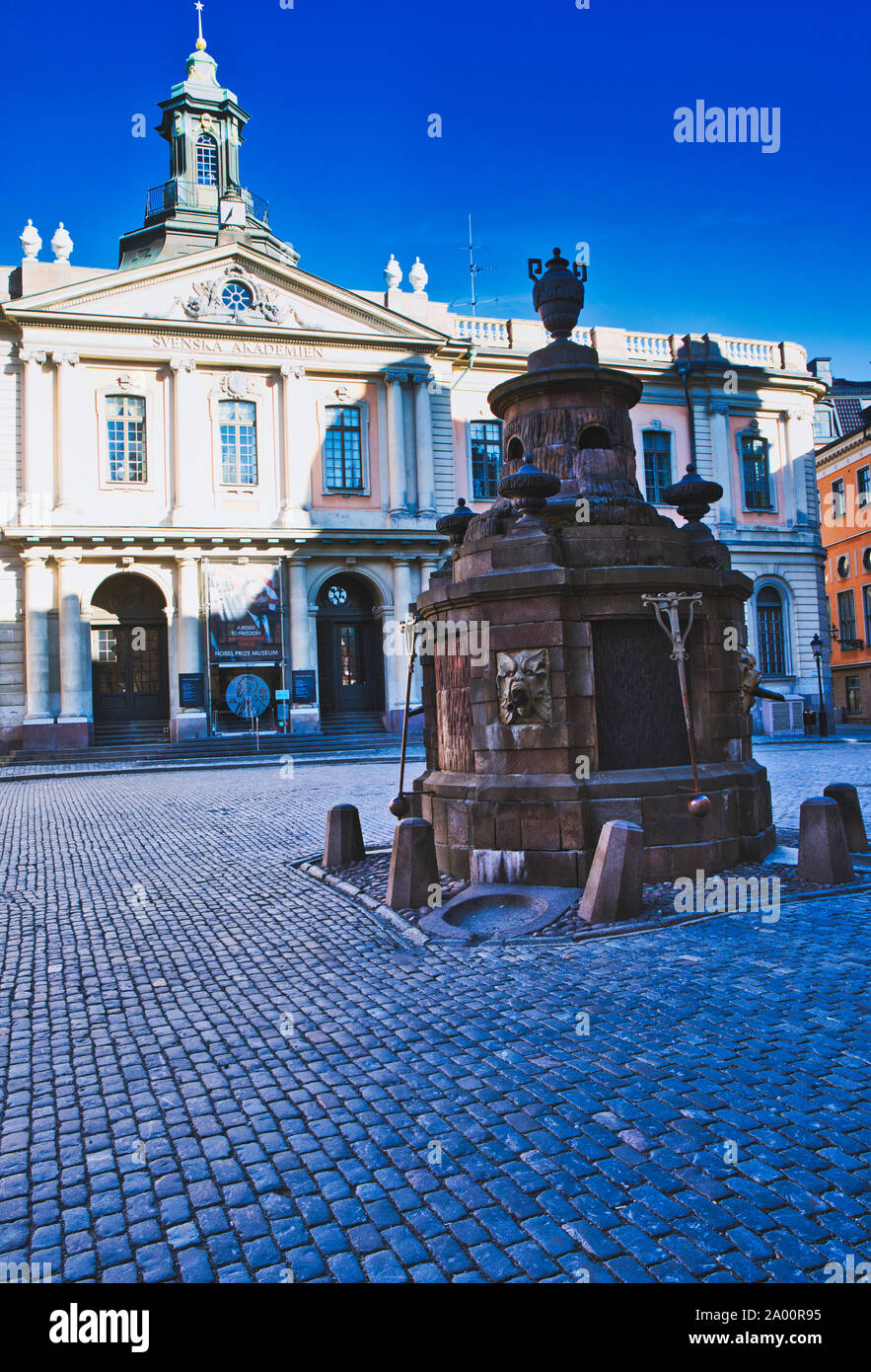 Museo Nobel e Stortorgsbrunnen (ben) in ciottoli piazza medievale Stortorget, Gamla Stan, Stoccolma, Svezia Foto Stock