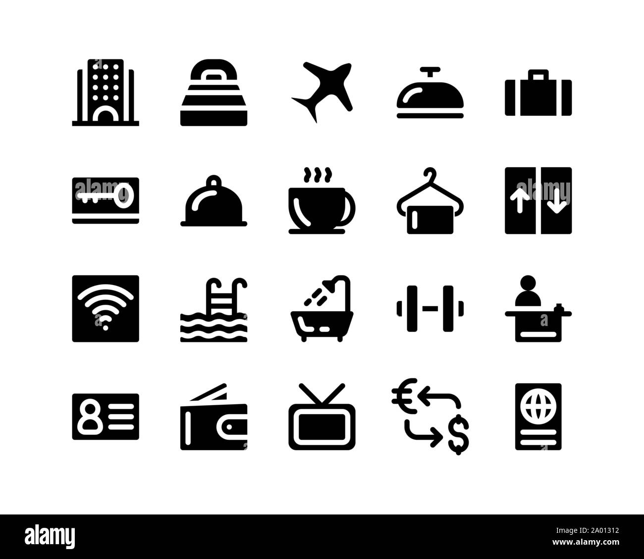 Hotel Icon Set. solido nero illustrazione vettore isolato su sfondo bianco Illustrazione Vettoriale