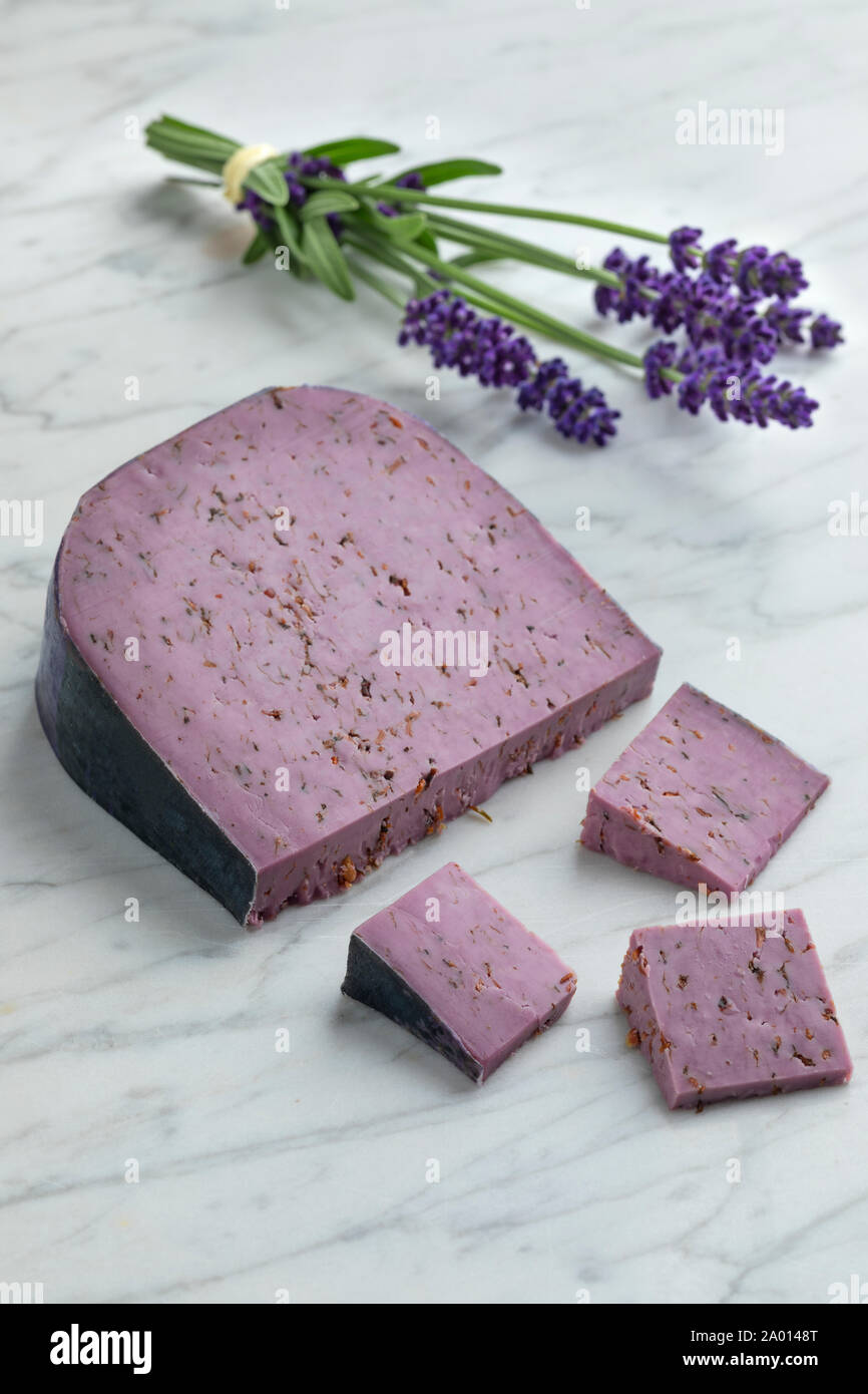 Pezzo di Gouda olandese lilla formaggio di lavanda e un mazzo di fiori di lavanda Foto Stock