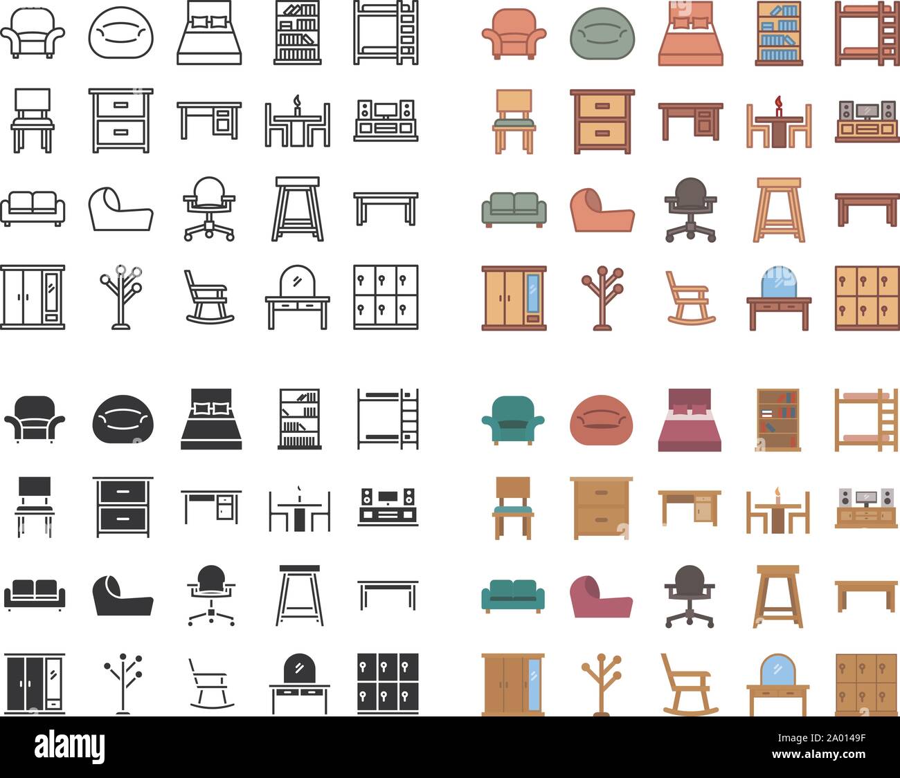 Mobilio icon set. quattro stili in uno. linea, glifo, contorno riempito e stili di Piana Illustrazione Vettoriale