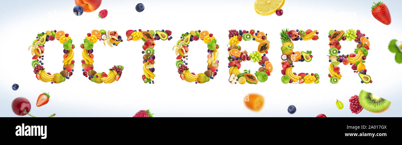 Ottobre parola fatta di tropicale e frutti esotici. Frutta fresca e bacche composta nel mese estivo iscrizione. Tipografia creativa, banner design. Sw Foto Stock