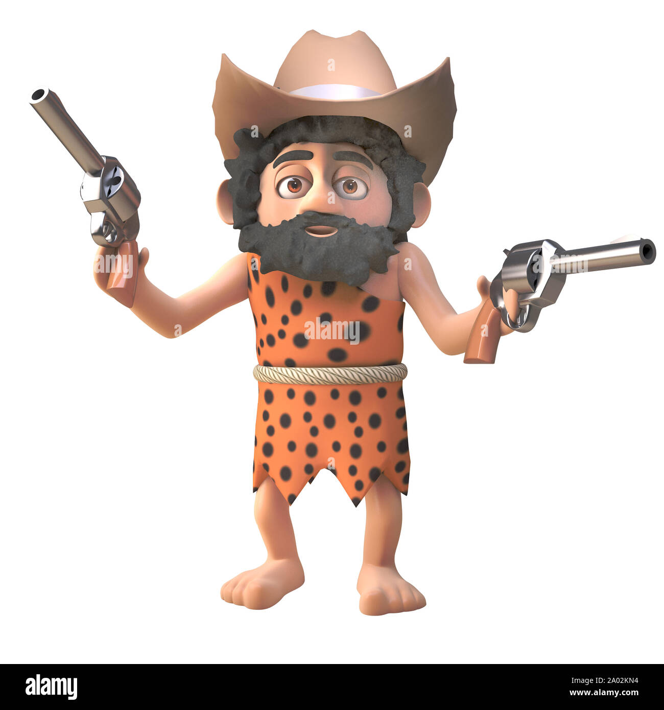 3d caveman preistorico personaggio indossando un cowboy stetson hat e trattenere due pistole, 3D render illustrazione Foto Stock