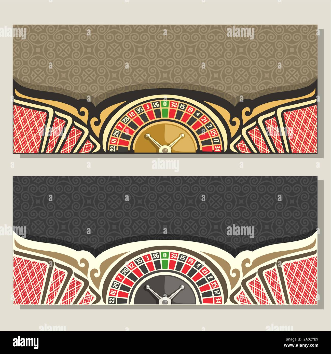 Vector gamble banner per il Casino: 2 formati invito con ruota della roulette per gioco d'azzardo, parte posteriore di colore rosso di carta da gioco. Illustrazione Vettoriale Vector gamble banner per il Casino: 2 formati invito con ruota della roulette per gioco d'azzardo, parte posteriore di colore rosso di carta da gioco. Illustrazione Vettoriale