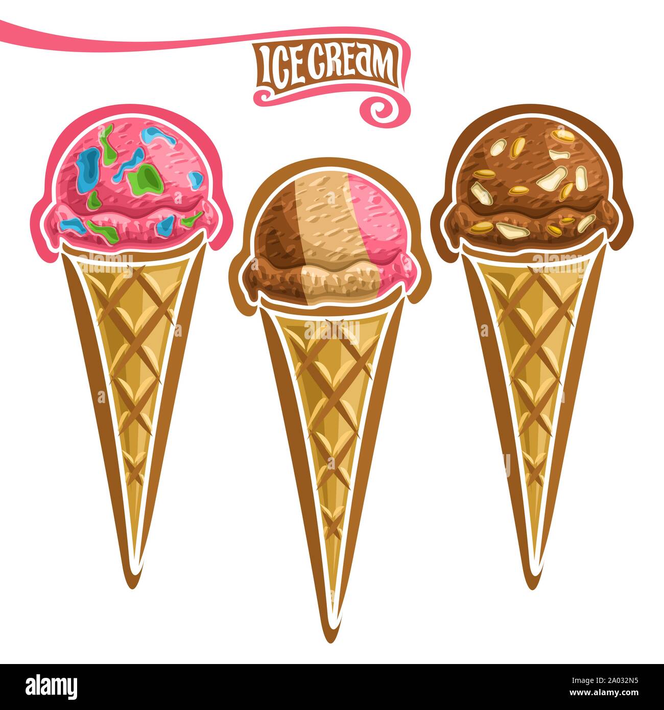 Set di vettore di gelati in cono di cialda: bubble gum gelato, freddo gelato napoletano e rocky road con i dadi. Illustrazione Vettoriale