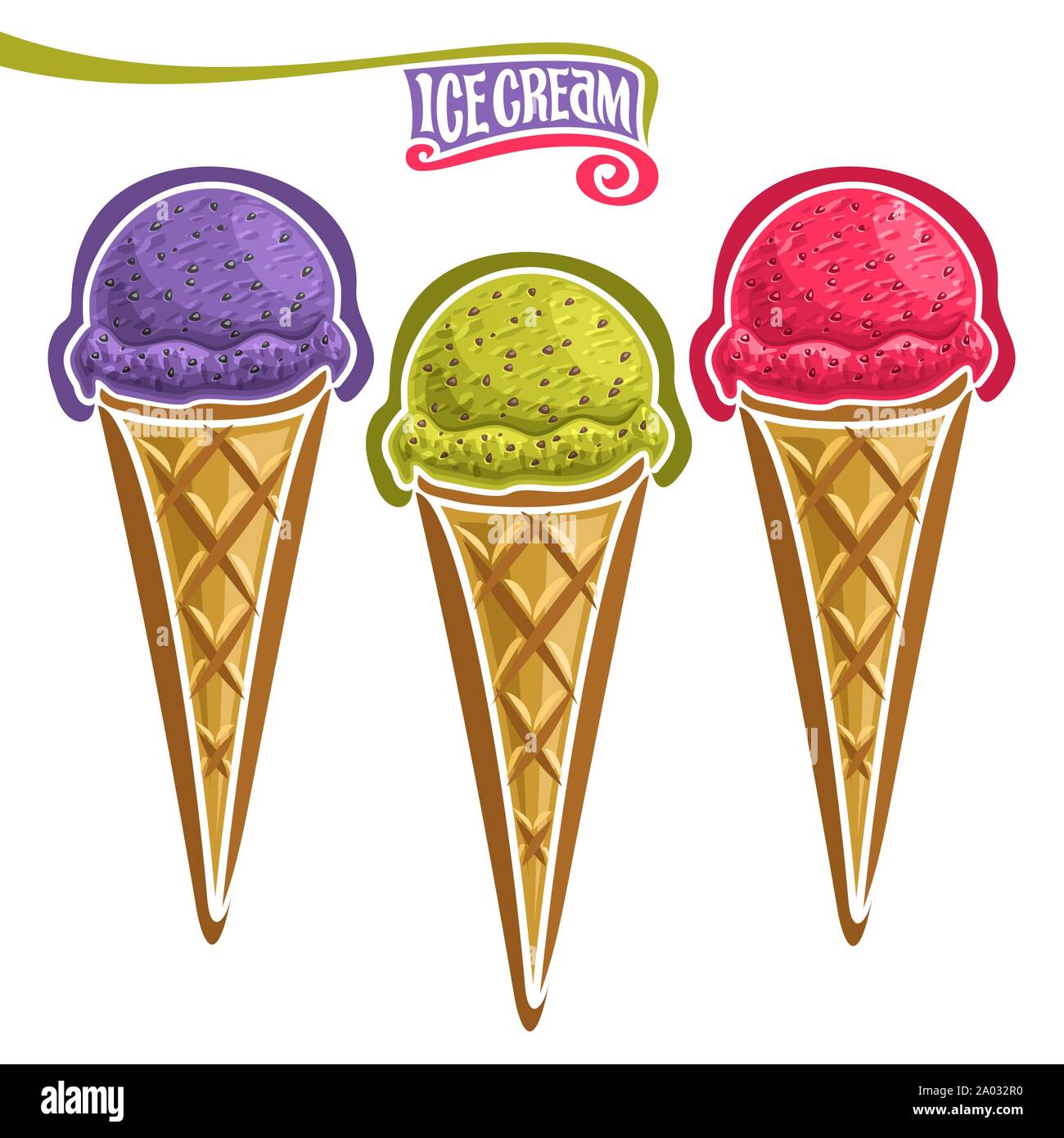 Set di vettore di gelati in cono di cialda: 3 coni vibranti colori gelato di frutta con semi di chia su sfondo bianco. Illustrazione Vettoriale
