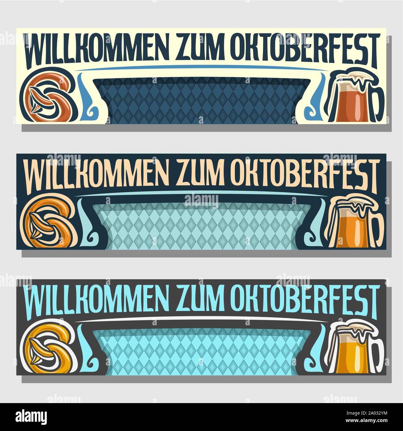 Vector Oktoberfest banner: 3 intestazioni web per october fest in lingua tedesca Bavaria, modelli con bandiera bavarese, titolo willkommen zum oktoberfest, layout Illustrazione Vettoriale