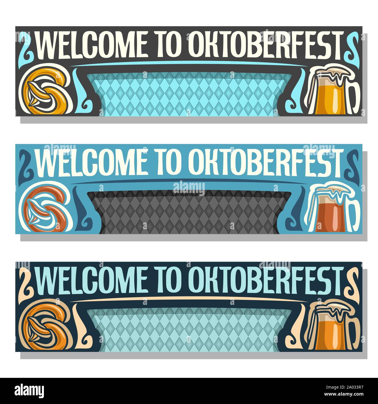 Vector Oktoberfest banner: 3 intestazioni web per ottobre festival in tedesco Monaco di Baviera, modelli con bandiera bavarese, titolo benvenuti all'Oktoberfest, formati w Illustrazione Vettoriale
