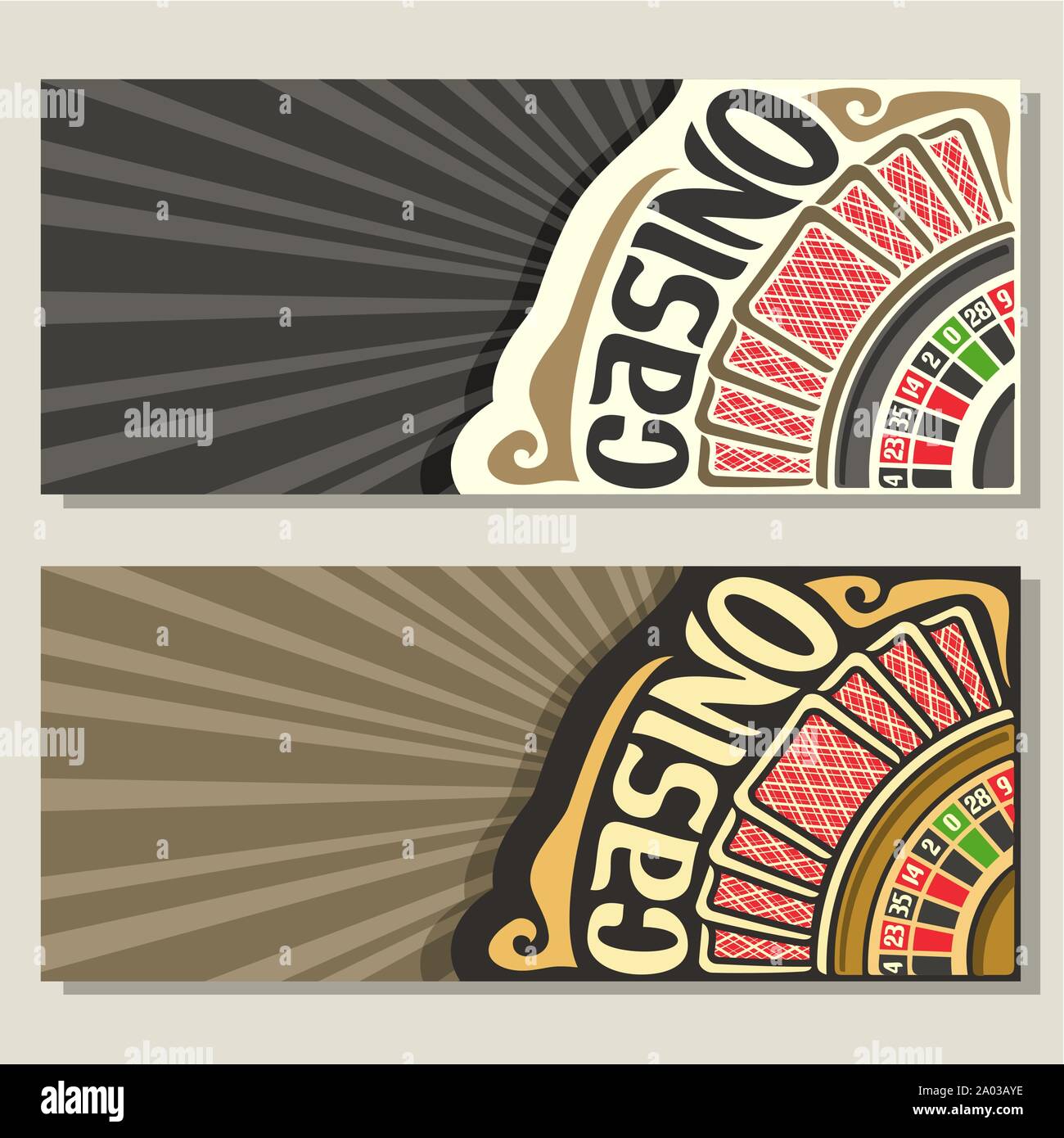 Vector gamble banner per il Casino: 2 formati invito con ruota della roulette per gioco d'azzardo, parte posteriore di colore rosso di carta da gioco, modello flyer con raggi grigio Illustrazione Vettoriale Vector gamble banner per il Casino: 2 formati invito con ruota della roulette per gioco d'azzardo, parte posteriore di colore rosso di carta da gioco, modello flyer con raggi grigio Illustrazione Vettoriale