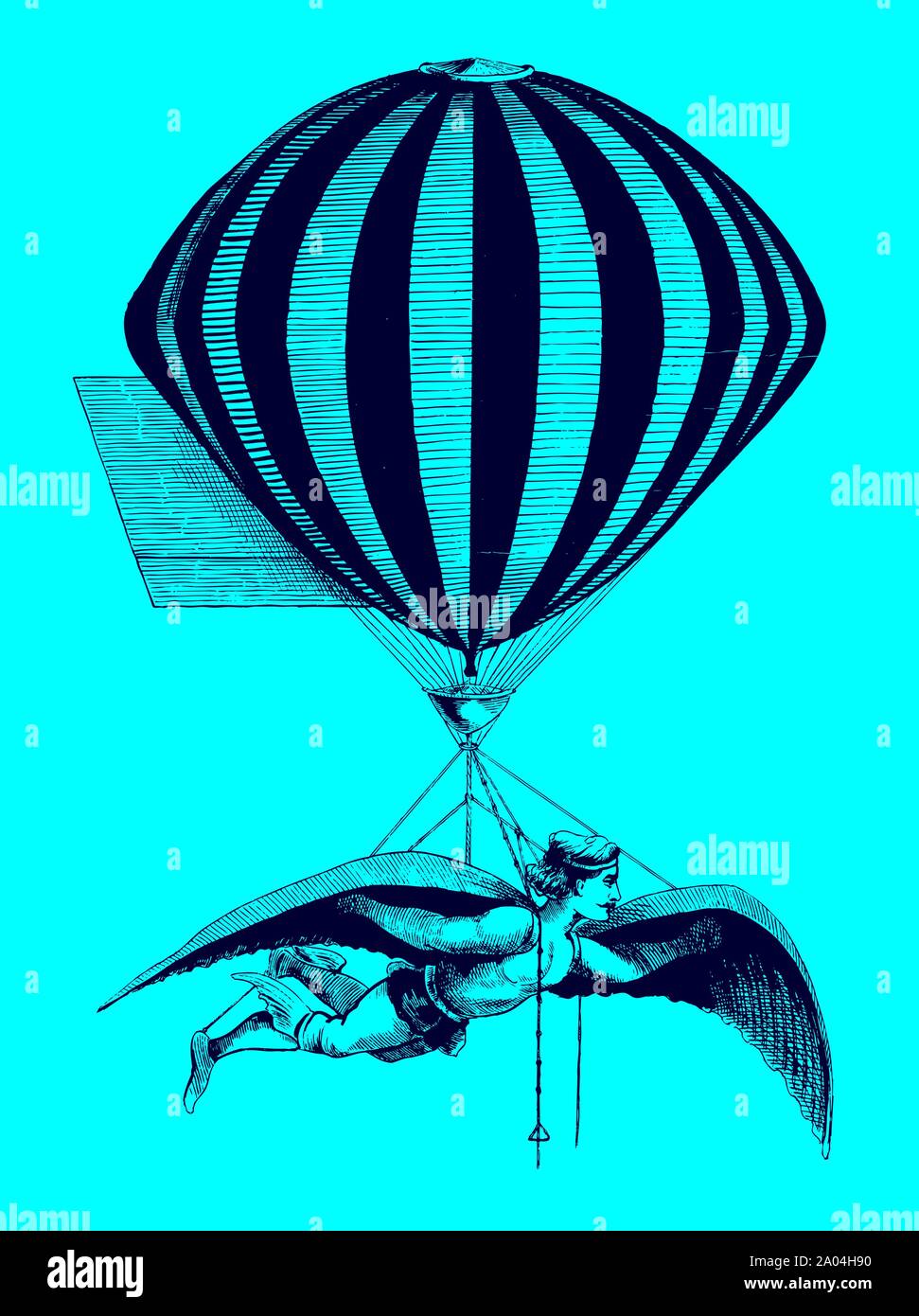 Historic trapezista indossando ali mentre sono sospesi da un palloncino di fronte a uno sfondo blu. Illustrazione dopo una xilografia del XIX secolo. Edi Illustrazione Vettoriale