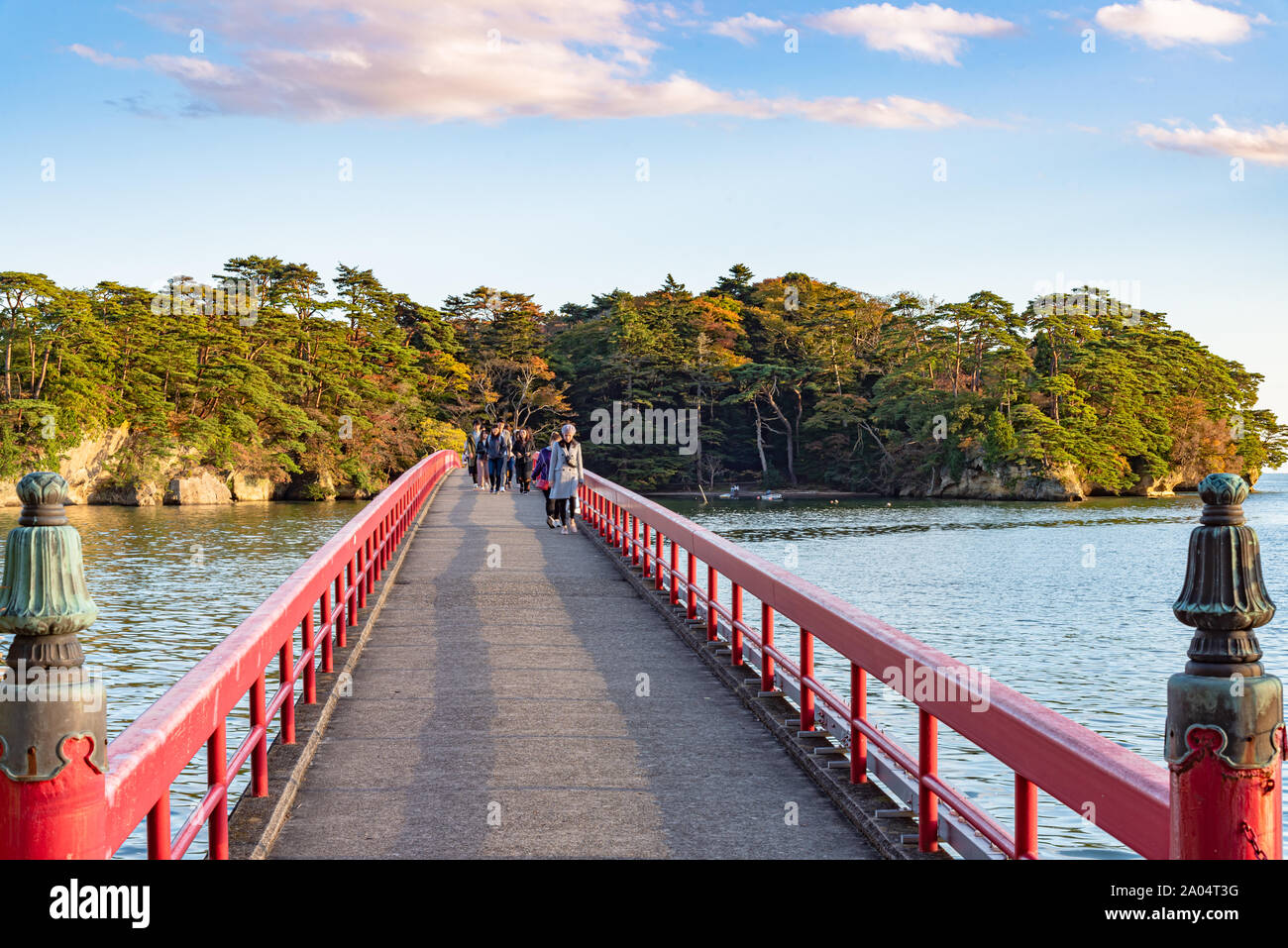 Fukuura Isola con ponte Fukuura nella famosa baia di Matsushima. Belle isole ricoperte di pini e rocce. Una delle tre viste del Giappone. Foto Stock