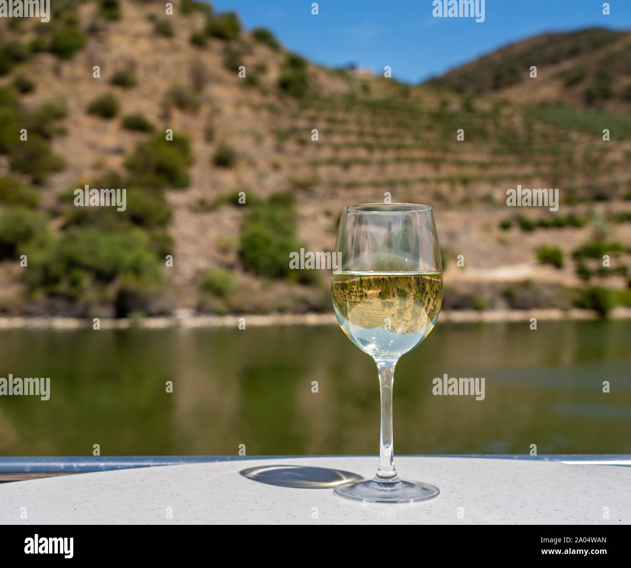 Bicchiere di vino bianco su una nave da crociera sul fiume Douro in Portogallo riflette la banca di fiume e vigneti di rivestimento del fiume Foto Stock