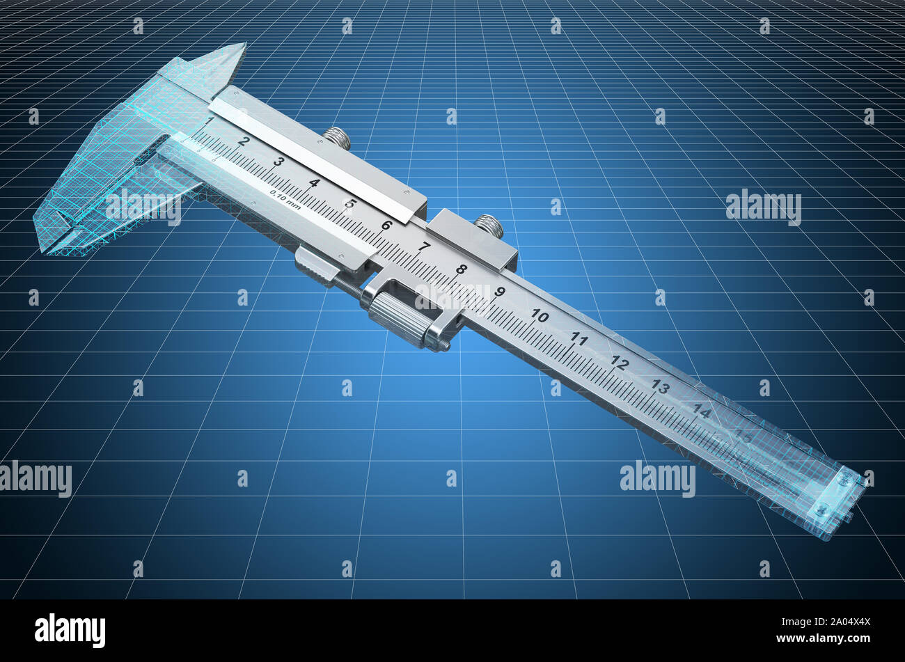 Visualizzazione 3d il modello CAD di un calibro a corsoio, cianografia. Il rendering 3D Foto Stock