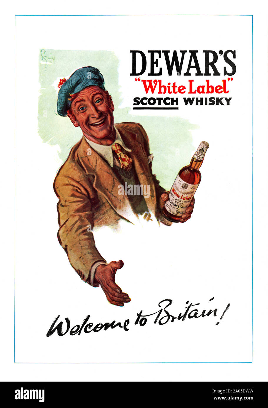 Annuncio pubblicitario per il Dewar's "White Label' scotch whisky, 1951. La figura mostra uno scozzese tenendo fuori un accogliente mano. Indossa un tam o' shanter hat, un nome dato al tradizionale cofano scozzese indossata da uomini. Il nome deriva da Tam o Shanter", l'eroe eponimo del 1790 Robert Burns poesia. Dewar's è una marca di Scotch whisky blended ora posseduta dalla Bacardi, che rivendica "White Label' per essere il top-vendita blended Scotch negli Stati Uniti. Foto Stock