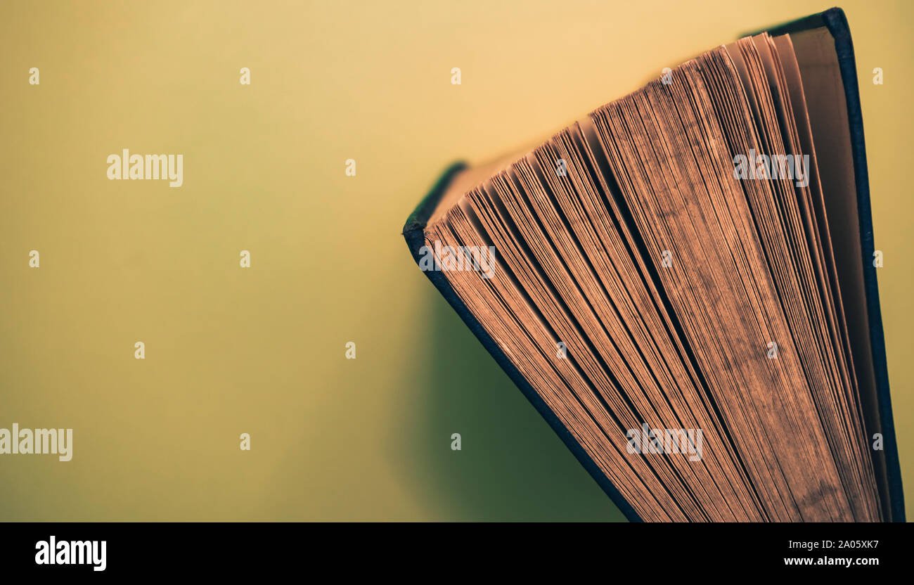 Close up bella aperta vecchio libro vista dall'alto su sfondo giallo tabella. Foto Stock