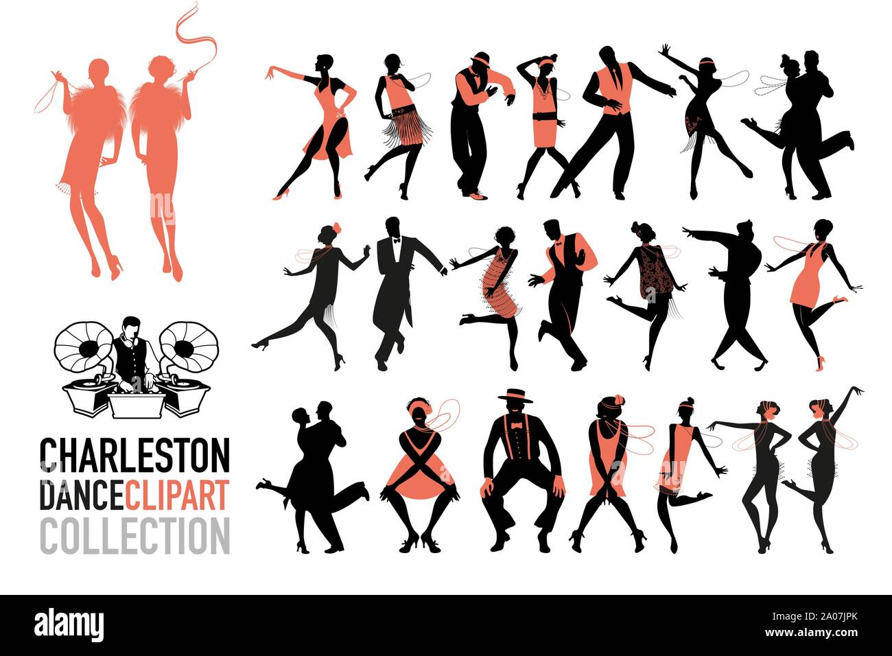 Charleston danza raccolta di clipart. Set di ballerini jazz isolato su sfondo bianco. Illustrazione Vettoriale