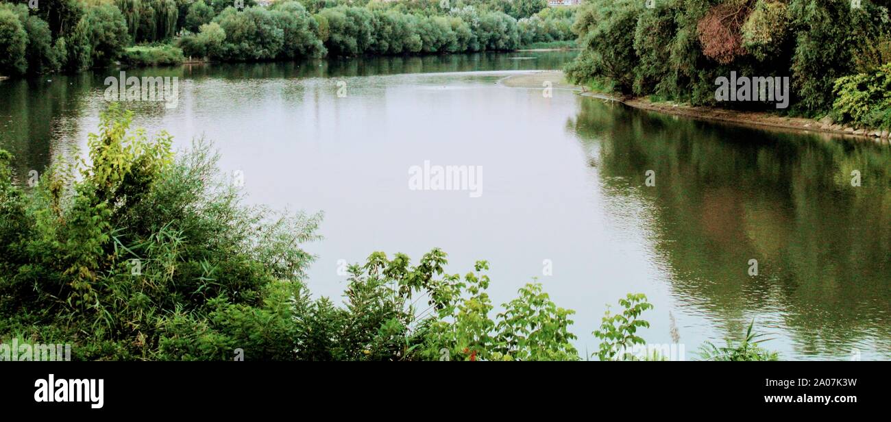 Immagine del fiume con salici su entrambe le banche nella città di Arad , Romania Foto Stock