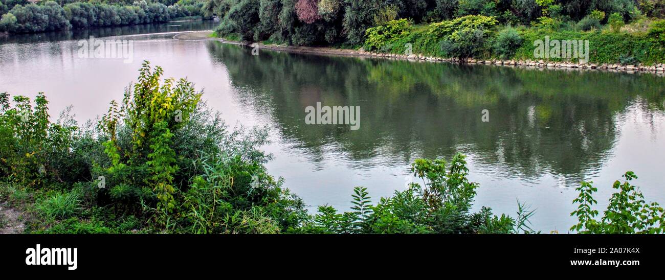 Immagine del fiume con salici su entrambe le banche nella città di Arad , Romania Foto Stock