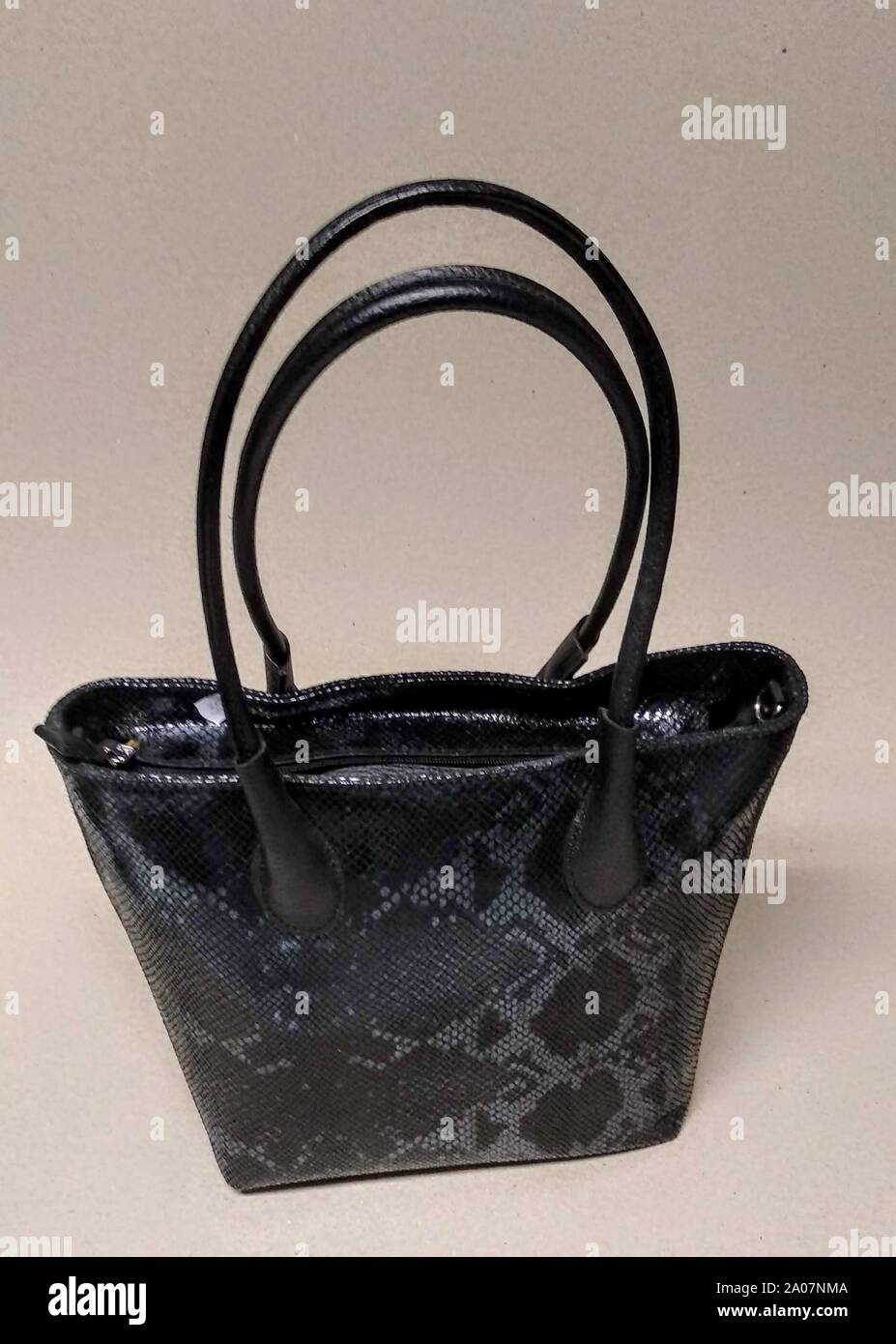 Borsa nera per le donne con imitazione rettile in pelle e chiusura a zip Foto Stock