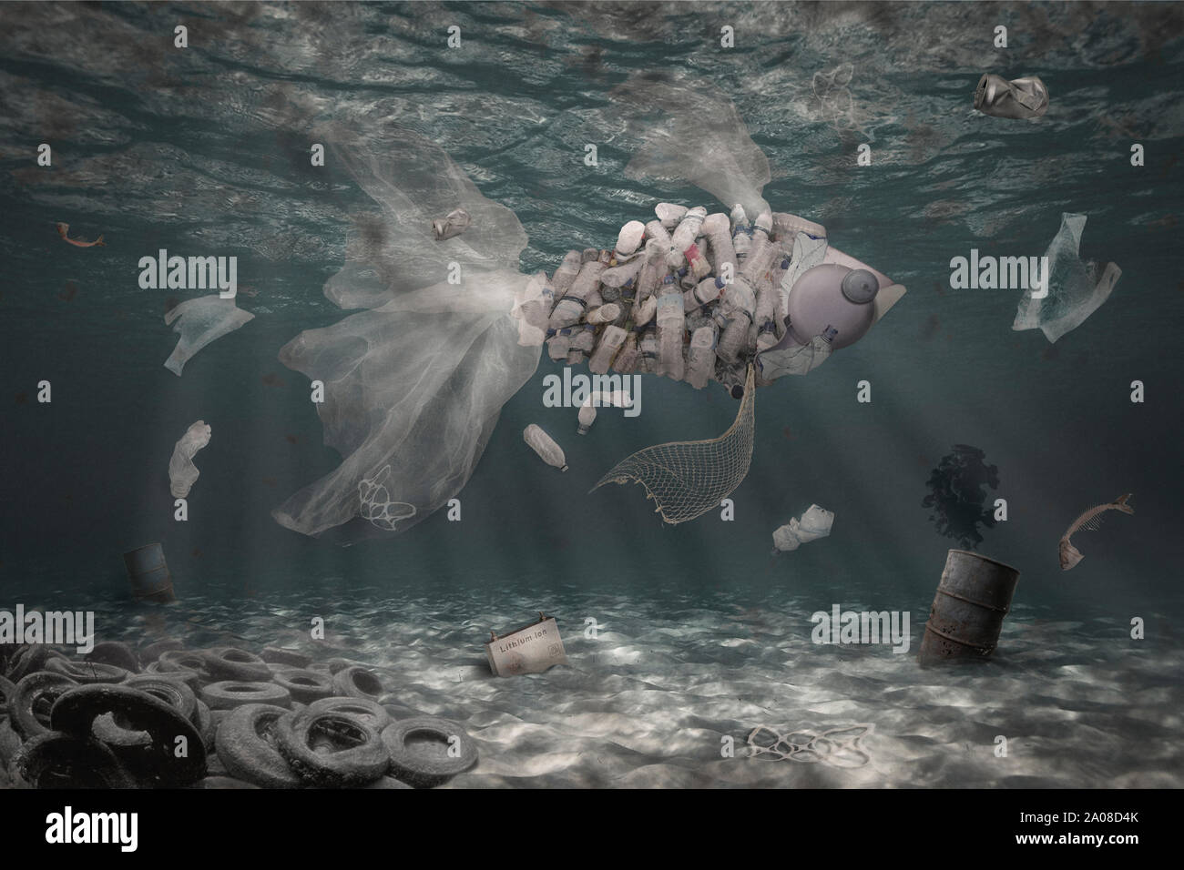 Immondizia di plastica pesce nuotare nell'oceano pollinat, concetto di inquinamento globale Foto Stock