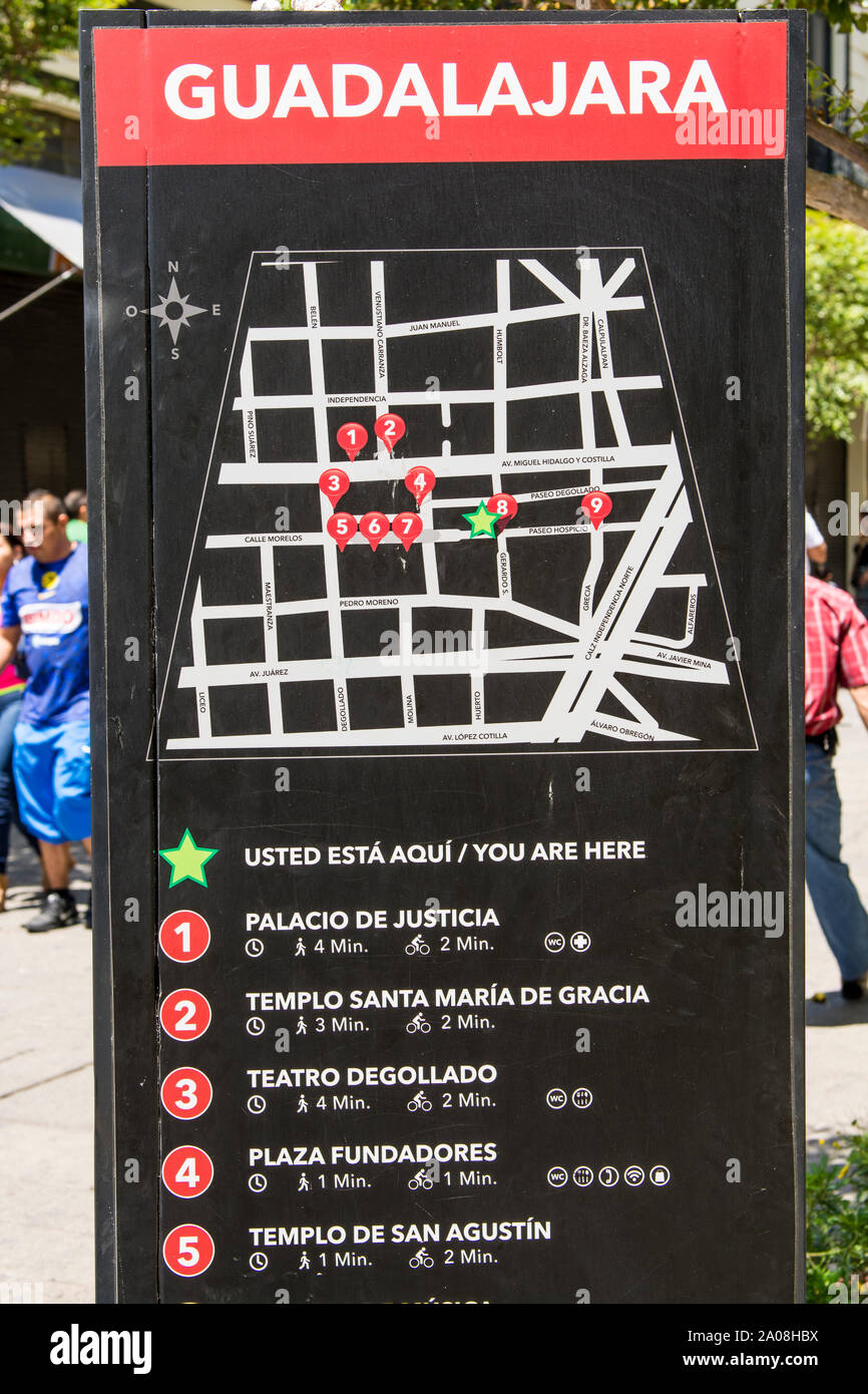 Mappa del centro storico, Guadalajara, Jalisco, Messico. Foto Stock