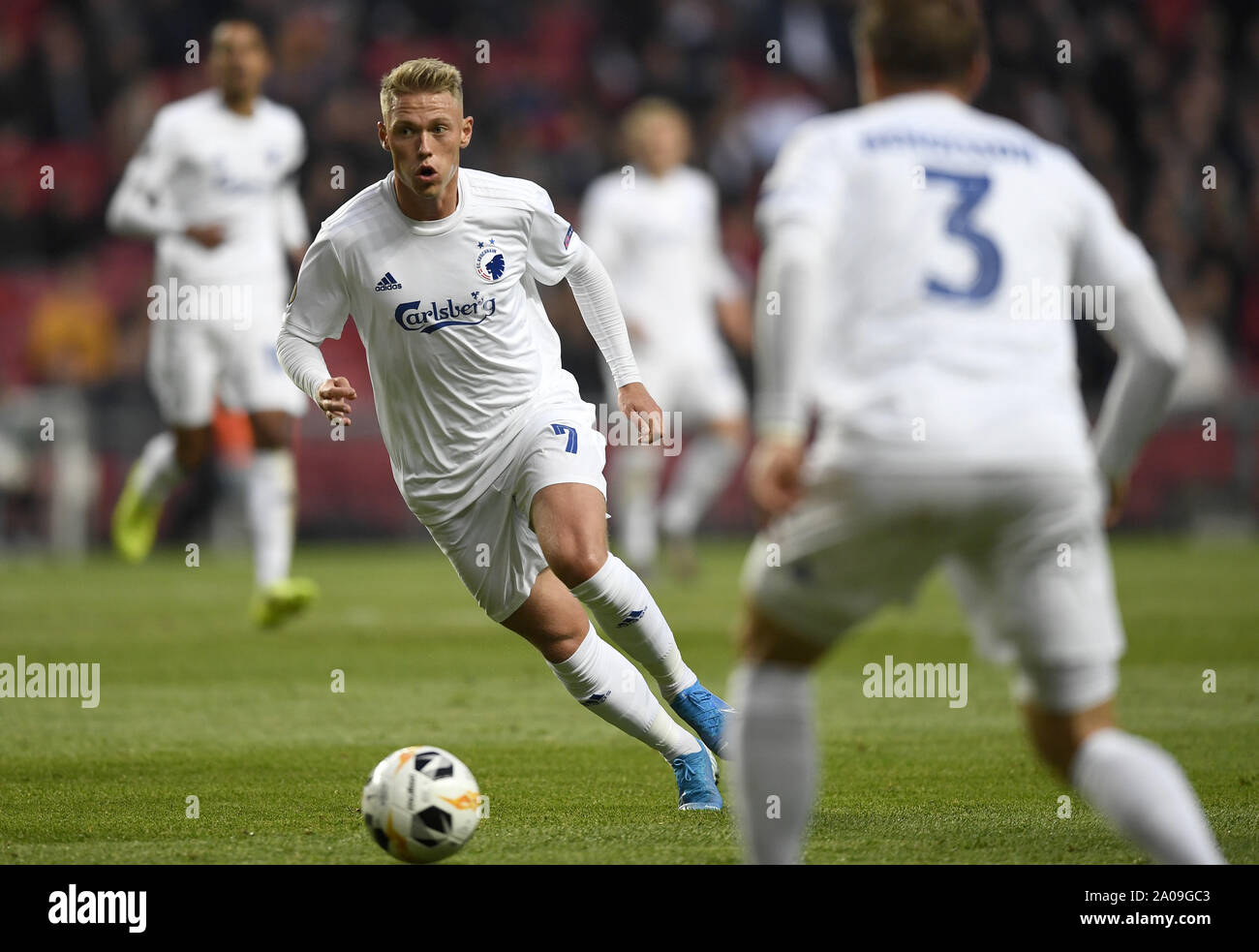 Settembre 19, 2019, Copenaghen, Danimarca: Viktor Fischer, FC Copenhagen durante il Europaleague partita di calcio tra FC Copenhagen e FC Lugano in Telia Parken, Copenhagen, Danimarca. (Credito Immagine: © Lars Moeller/ZUMA filo) Foto Stock