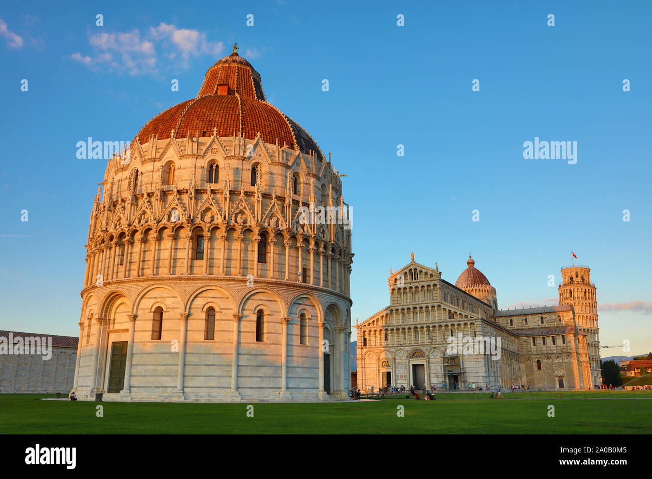 Pisa Battistero di San Giovanni, Cattedrale di Pisa e la Torre Pendente di Pisa torre campanaria, Piazza dei Miracoli a Pisa, Italia Foto Stock