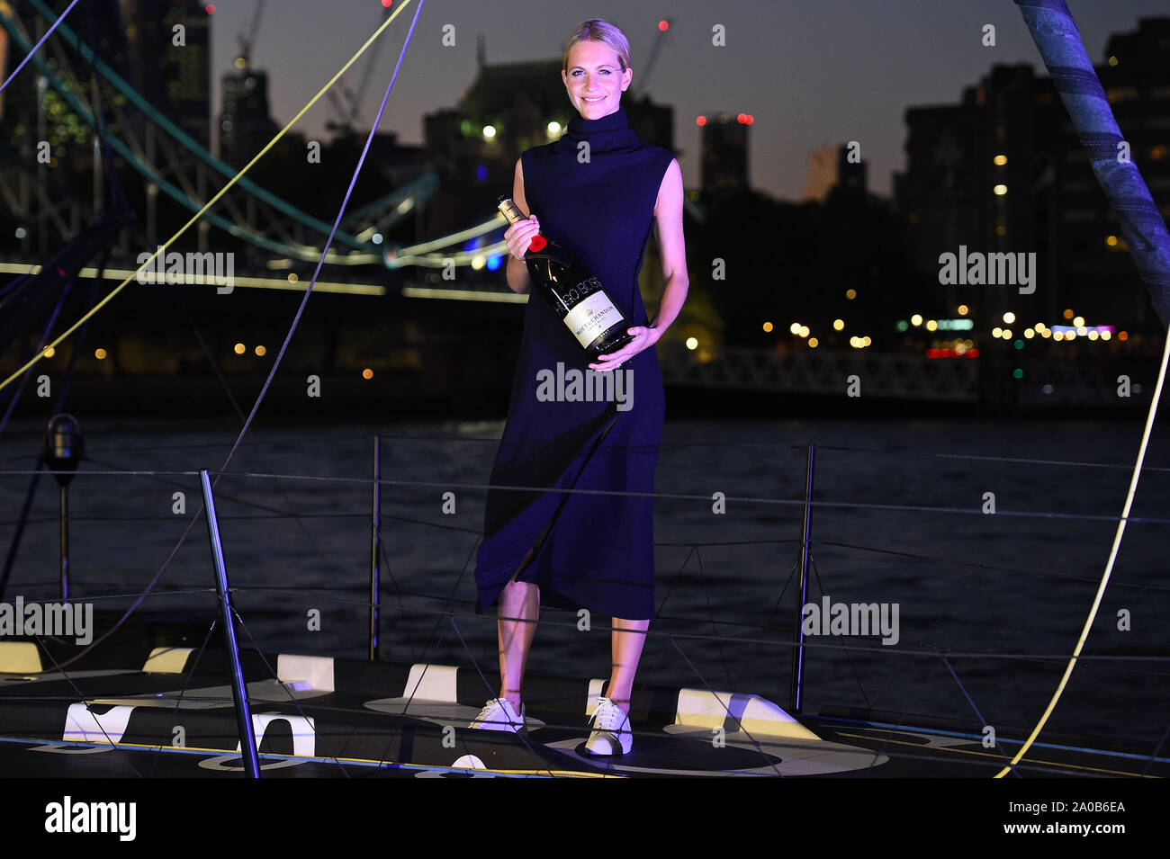 Poppy Delevingne alla cerimonia di battesimo per la Hugo Boss yacht a Londra. Foto Stock