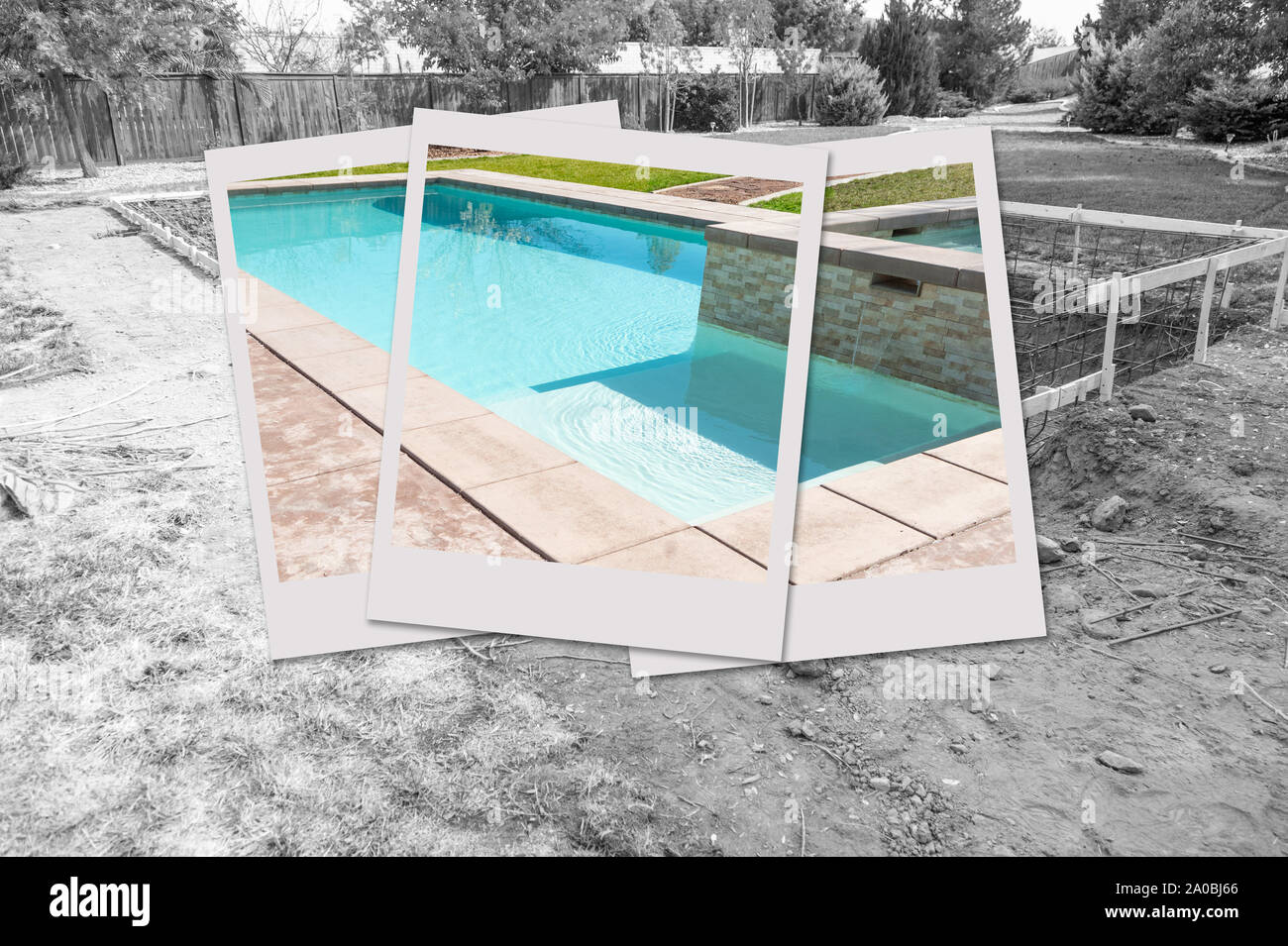 Piscina costruzione sito con foto in Photo Frame contenenti progetto finito. Foto Stock