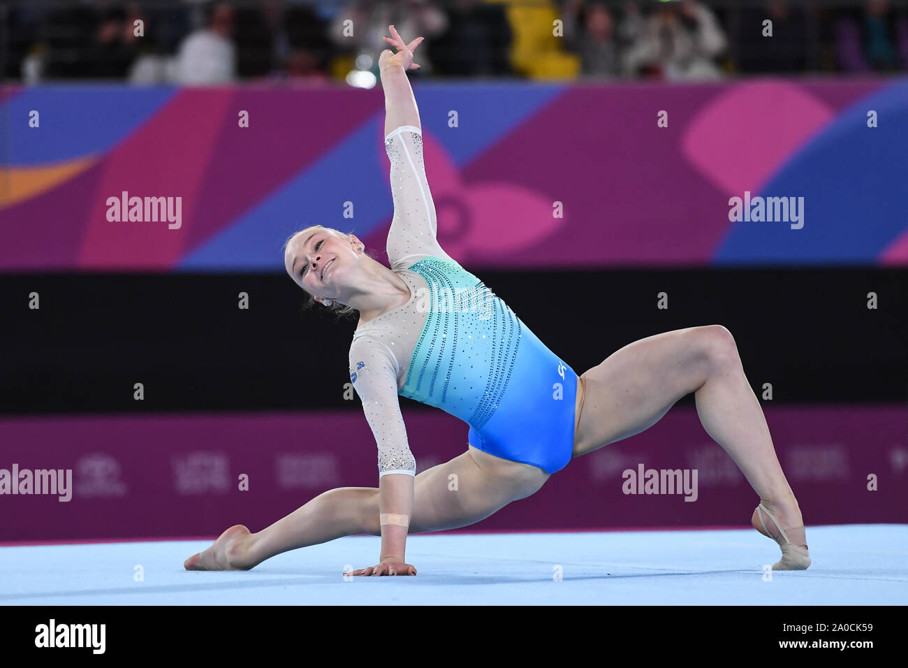 Doha in Qatar. 29 Luglio, 2019. RILEY MCCUSKER compete sul pavimento esercizio durante il concorso tenutosi presso l'Aspire Academy Dome a Doha, in Qatar. Credito: Amy Sanderson/ZUMA filo/Alamy Live News Foto Stock