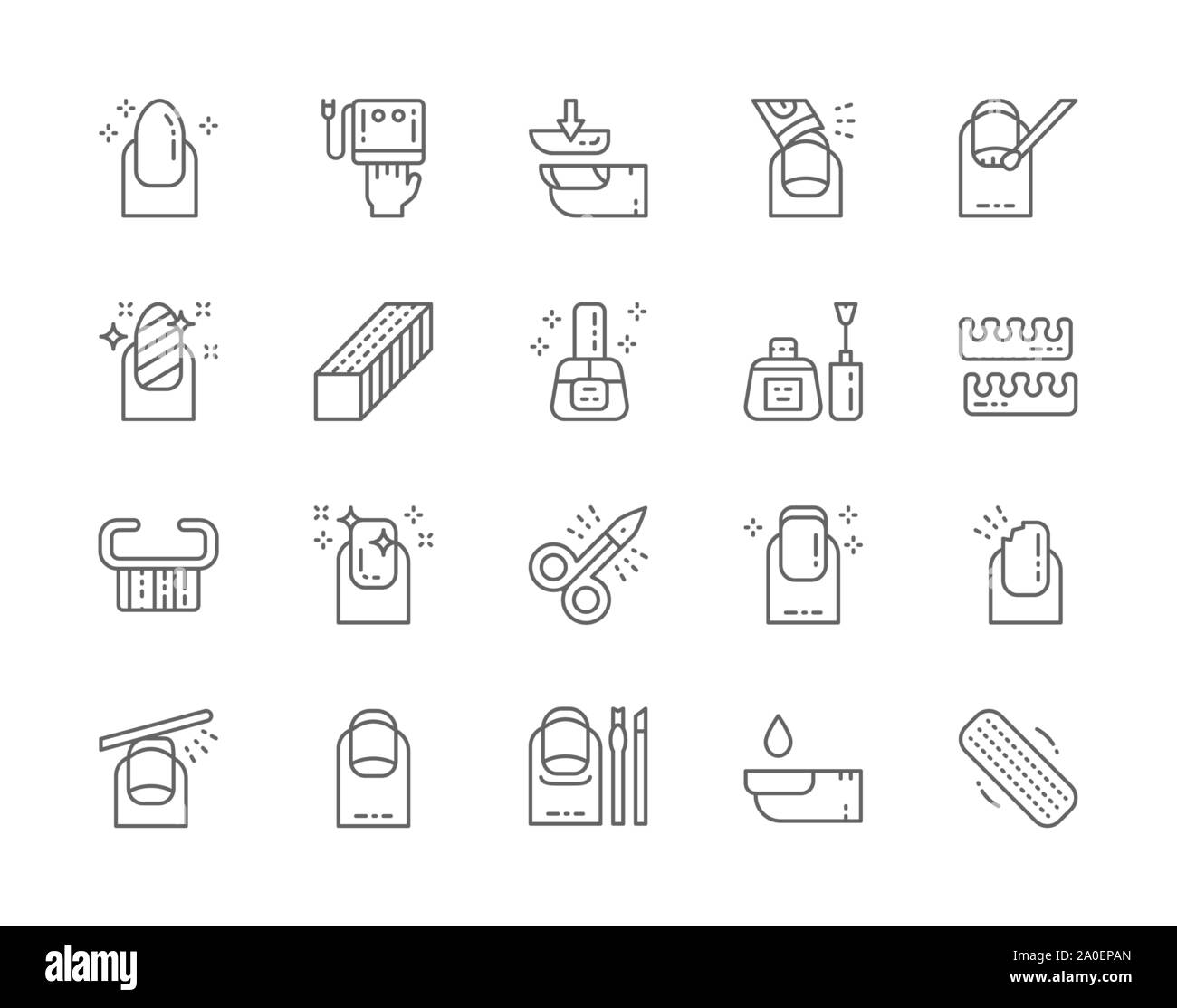 Set di manicure le icone della linea. Forbici, Extended Chiodi, Polish Remover e altro ancora. Illustrazione Vettoriale