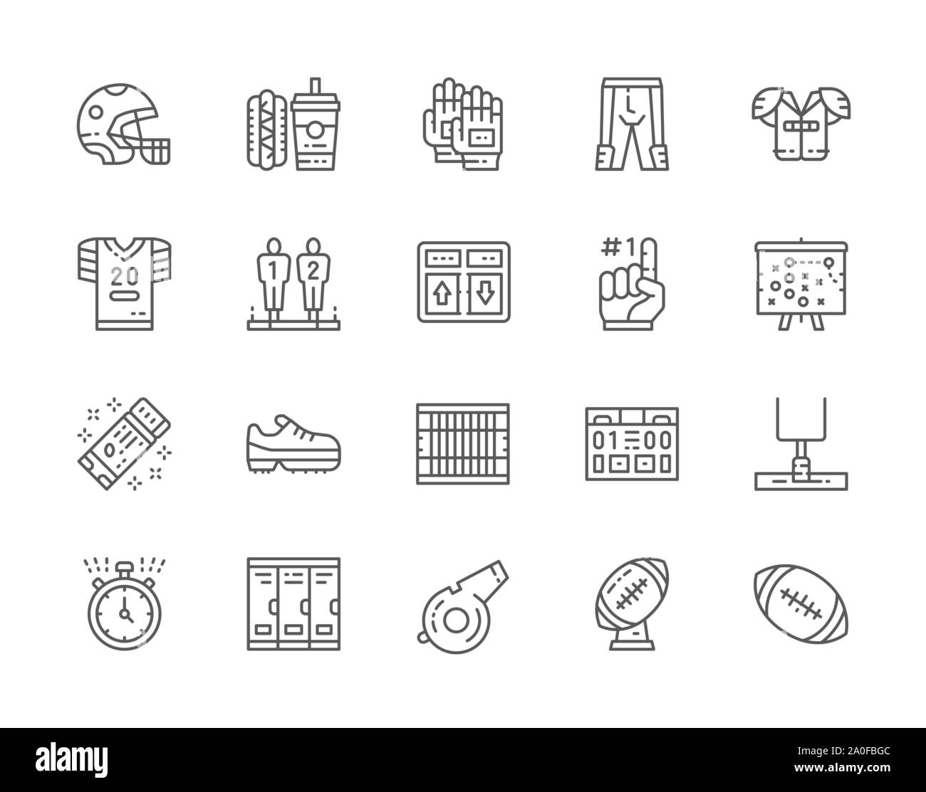 Set di Football Americano le icone della linea. Quadro di valutazione, Fast Food, uniforme e più. Illustrazione Vettoriale
