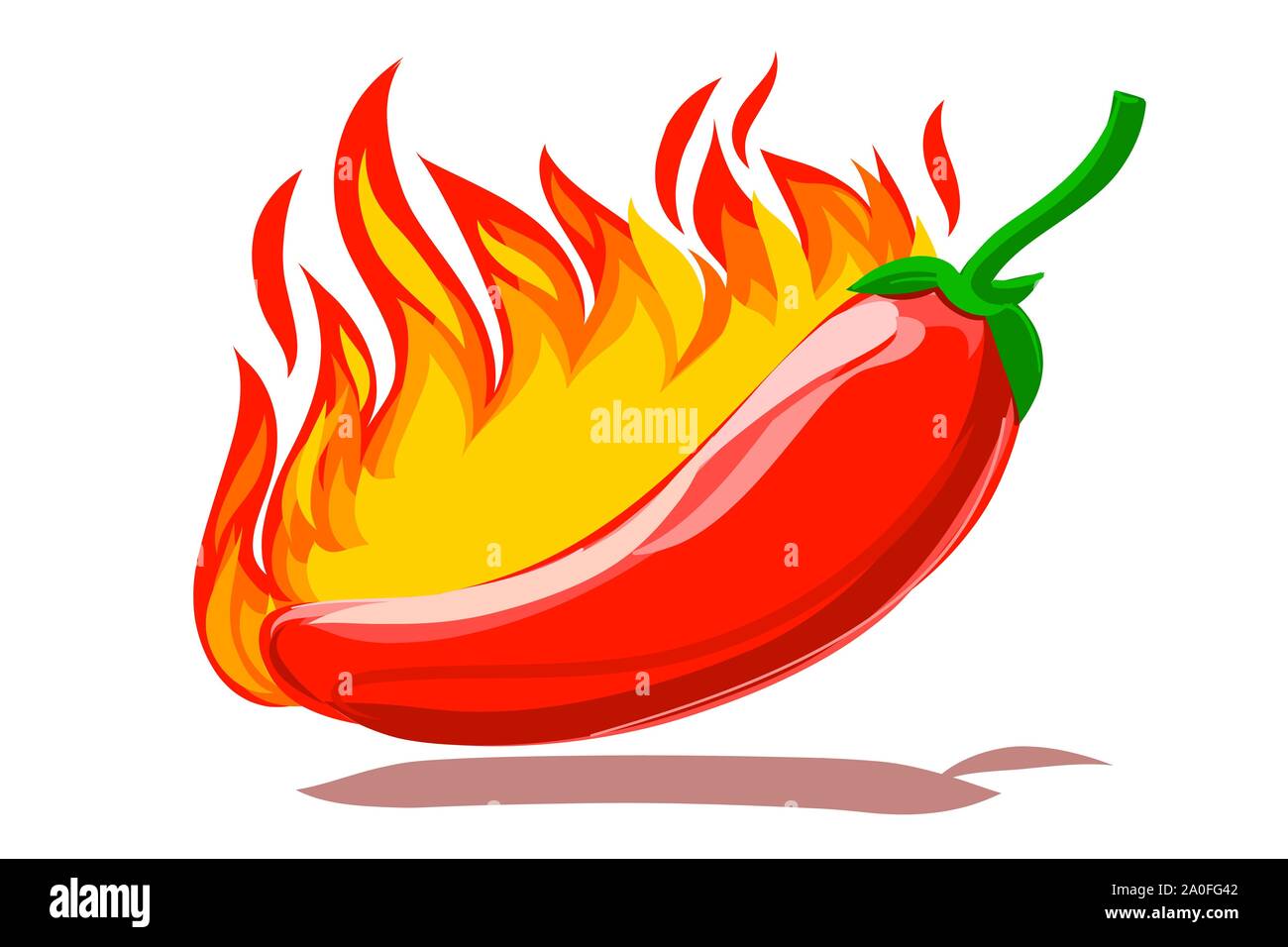 Peperoncino bruciato dal fuoco con fiamma su sfondo bianco. vettore con strati disponibile per la modifica. Disegno stile Brush. Migliori per il logo o etichetta, pubblicità, comm Illustrazione Vettoriale