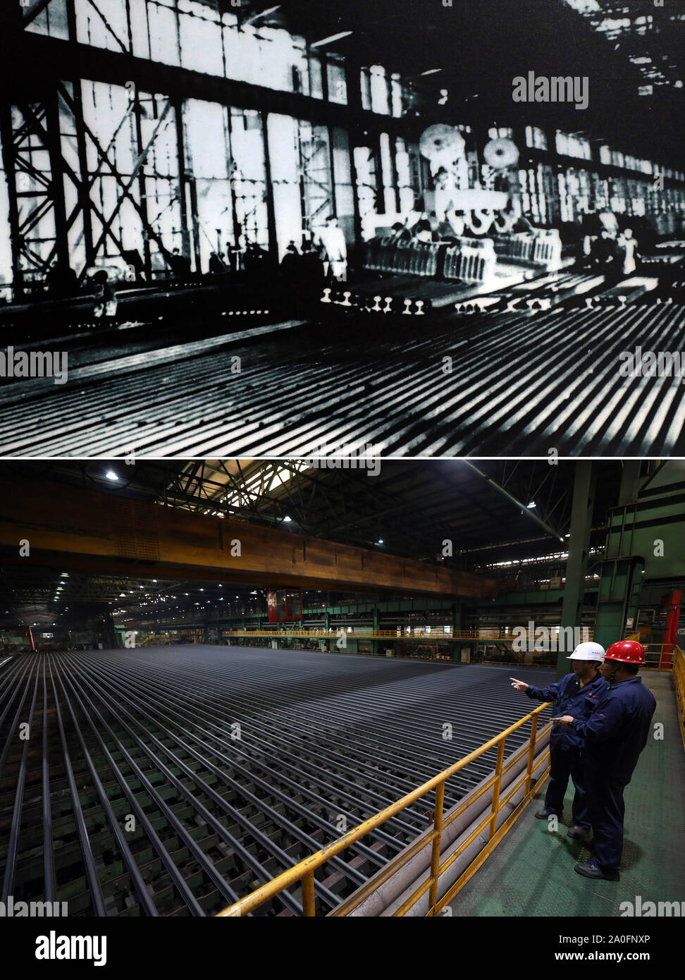 (190920) -- PECHINO, Sett. 20, 2019 (Xinhua) -- Top: File foto scattata negli anni cinquanta mostra la scena della produzione di rotaie pesanti a Ansteel in Anshan, a nord-est della Cina di Provincia di Liaoning.inferiore: Foto scattata il 5 luglio 2019 dal Pan Yulong mostra i lavoratori il controllo della linea di produzione di rotaie pesanti a Ansteel Group Co., Ltd. in Anshan. Nato dalle macerie nella città di Anshan nel Nordest della Cina, 70-anno-vecchio Ansteel era "la culla della cina industria siderurgica' così come il primo ferro e acciaio costruito gigante dopo la fondazione della Repubblica popolare cinese. Attualmente, Ansteel è in grado di produrre circa Foto Stock