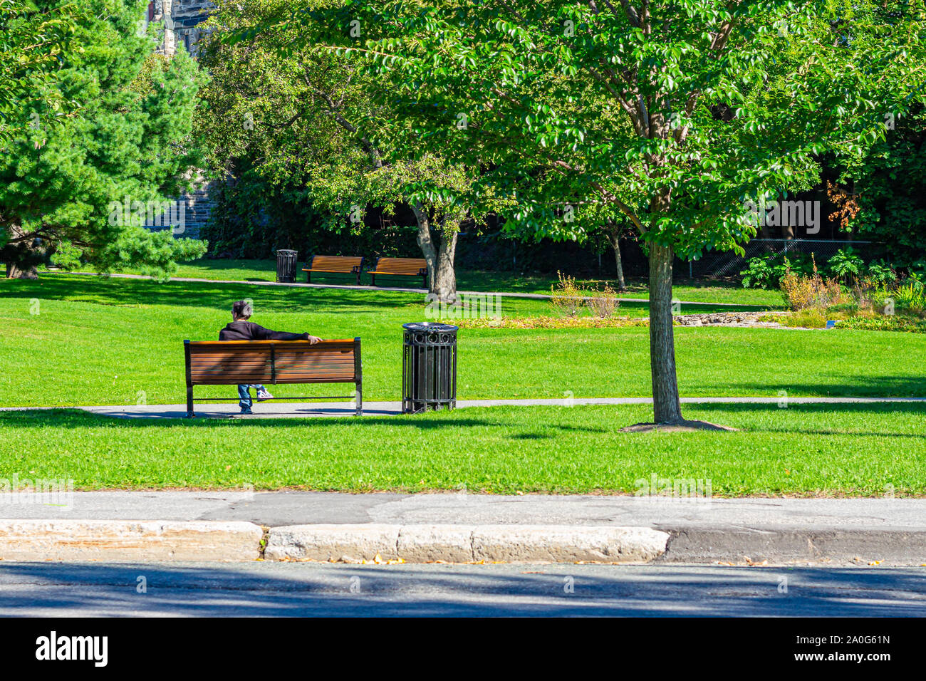 Un uomo appoggia la schiena e si allunga un braccio attraverso il retro di una panchina nel parco, rivolta lontano dalla strada (e telecamera). Foto Stock