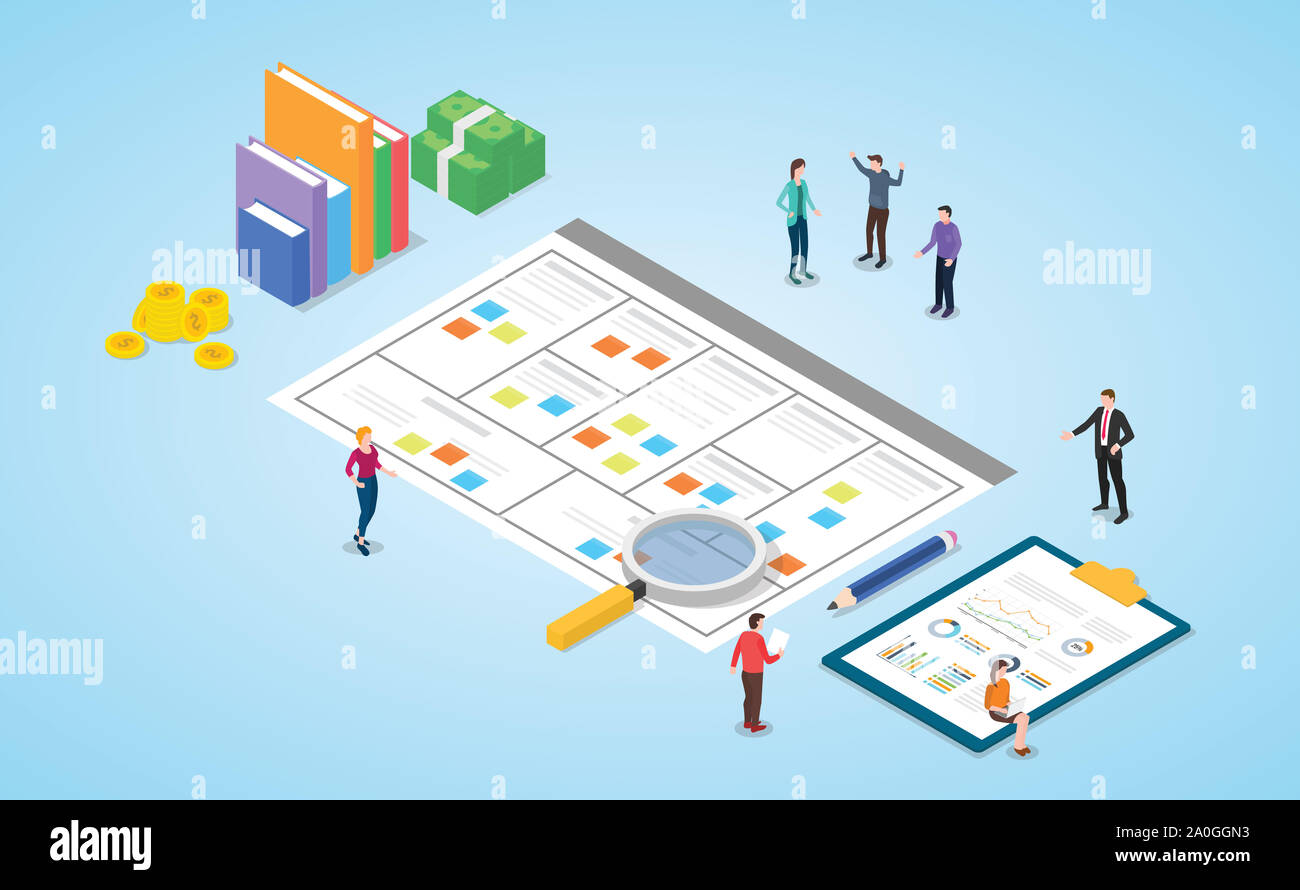 Modello di business canvas con documento cartaceo e team di persone incontro di discussione con il moderno stile isometrica - illustrazione vettoriale Foto Stock