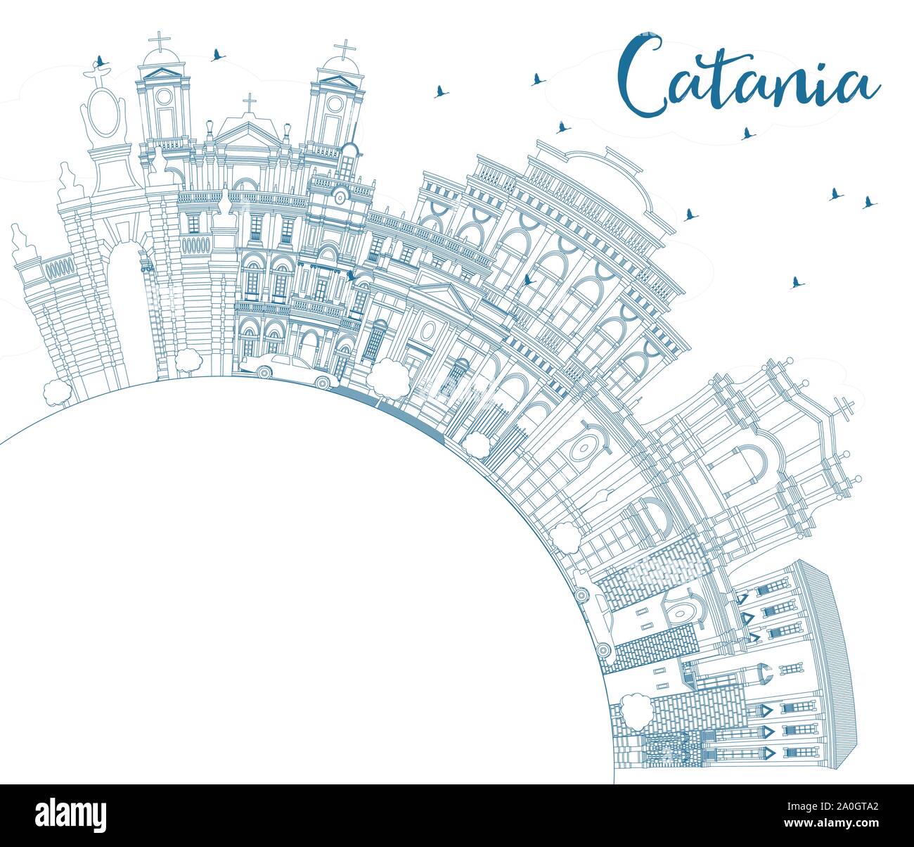 Delineare Catania Italia skyline della città con edifici blu e copia di spazio. Illustrazione Vettoriale. Viaggi di affari e turismo Concept. Illustrazione Vettoriale