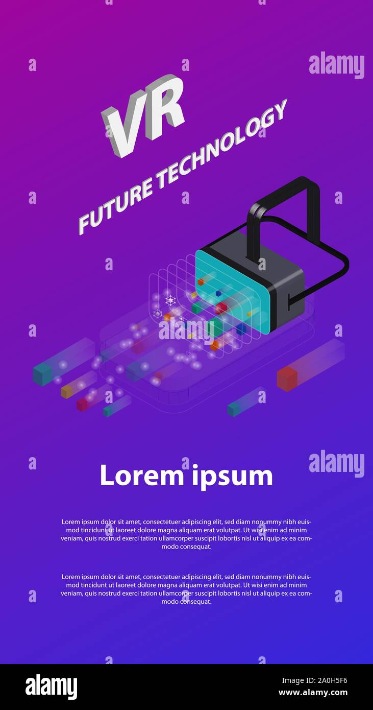 Isometrica di realtà virtuale concetto. Design piatto modello per mobile app e sito web. VR auricolare. Blu e viola gradiente dello sfondo. Illustrazione Vettoriale