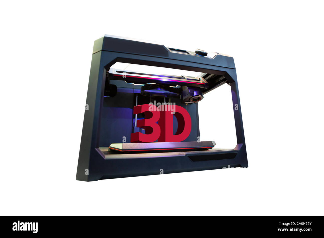 Stampante 3d con un testo stampato '3D' isolato su bianco Foto Stock