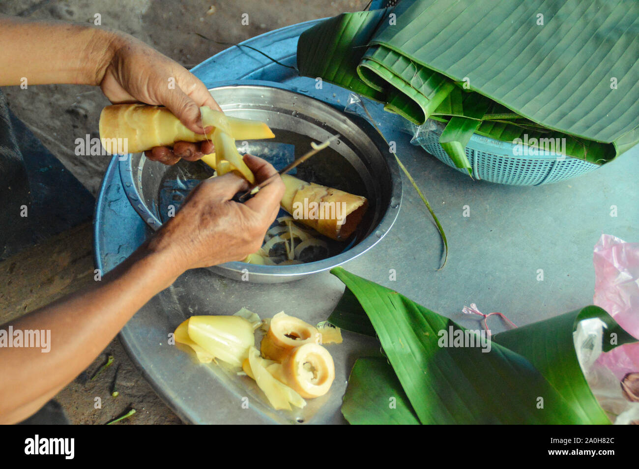 La preparazione di germogli di bambù per un tradizionale pasto laotiani in Muang Ngoy Village, Luang Prabang Laos Foto Stock