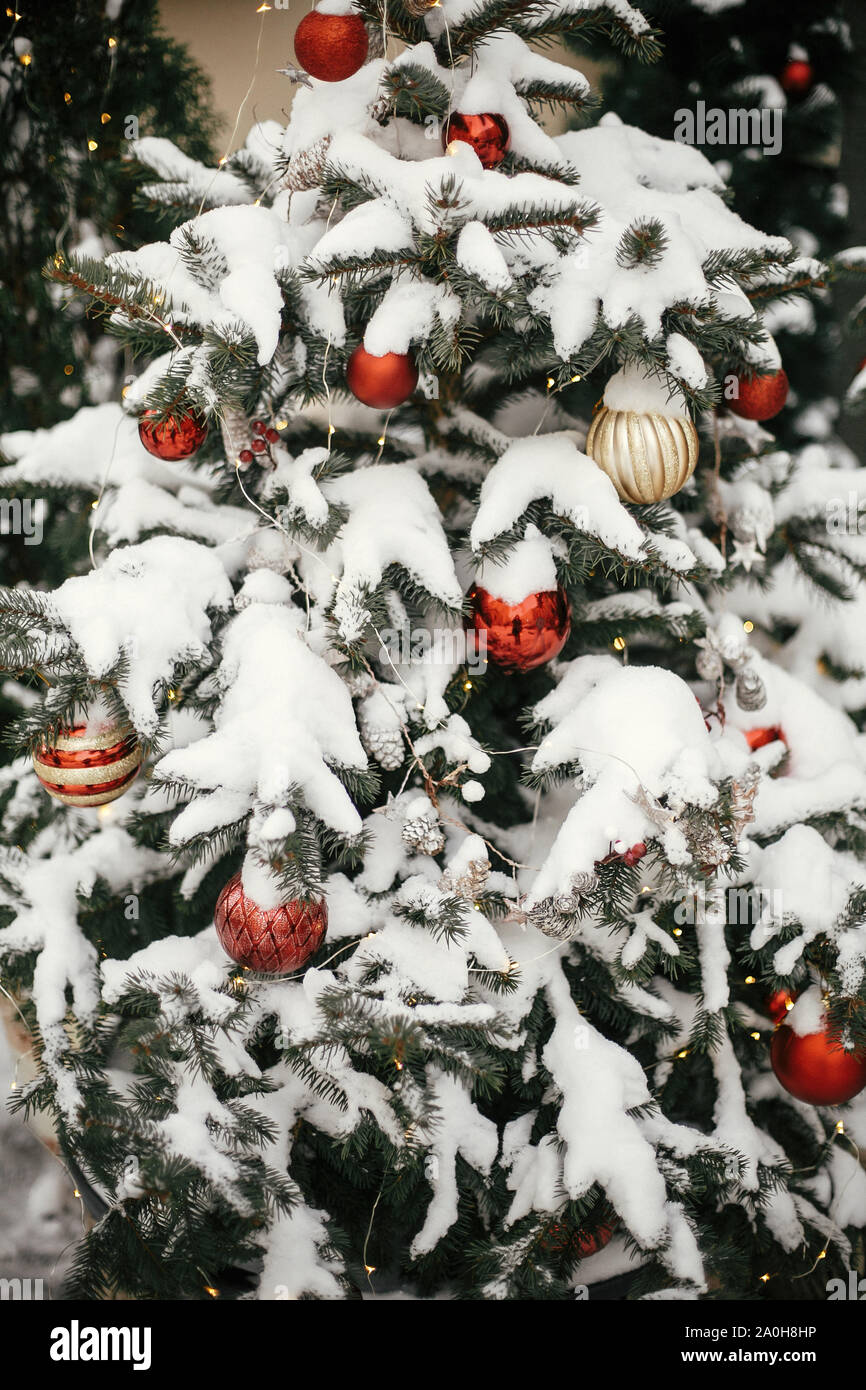 Natale decorazioni di strada. Eleganti alberi di natale con rosso e oro e baubles luci festive, coperto di neve. Spazio per il testo. Auguri di buone feste. E Foto Stock