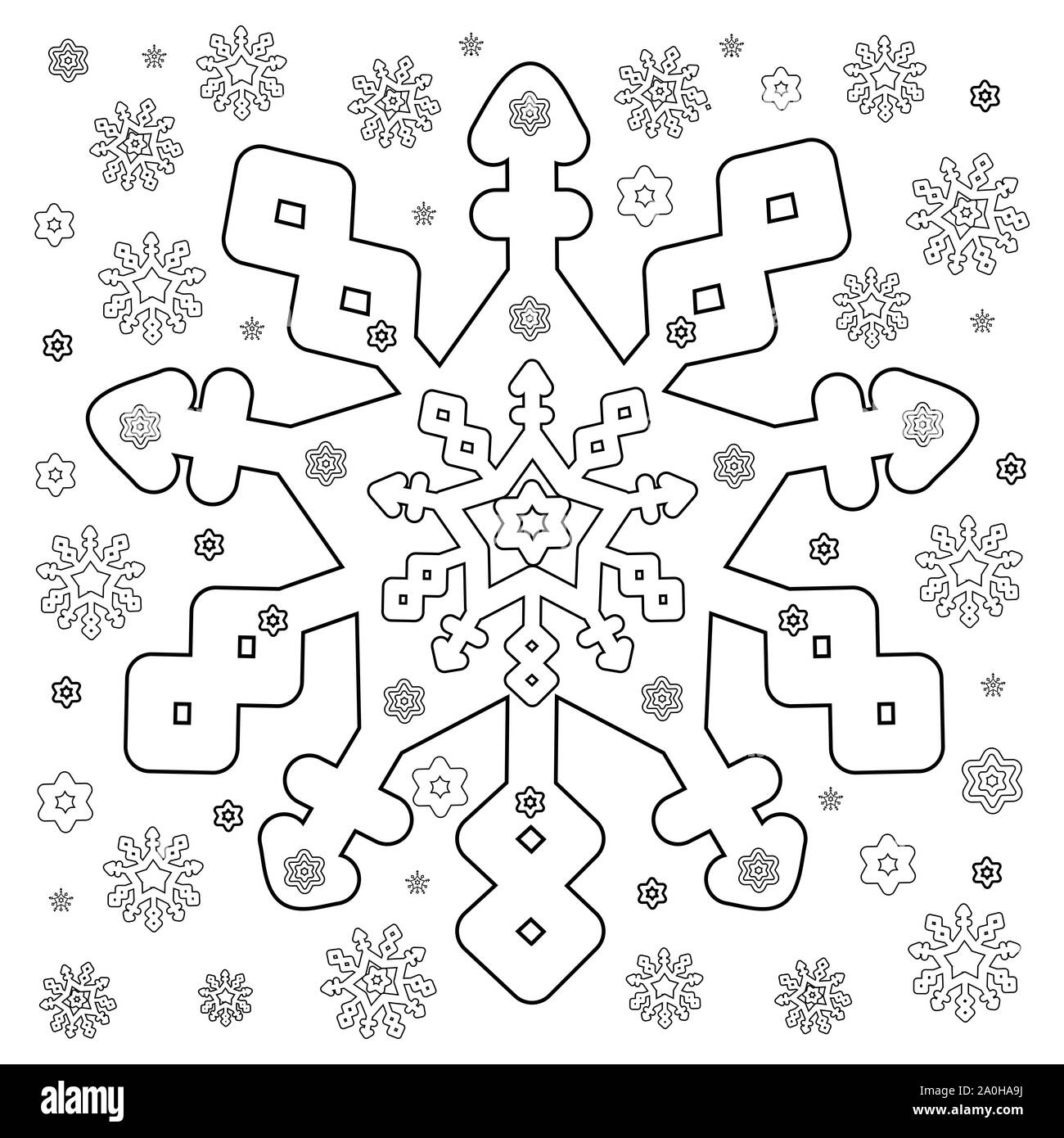 Fiocchi di neve invernali. Sfondo con fiocchi di neve per il design invernale. Illustrazione di sfondo con fiocchi di neve. Illustrazione della pagina da colorare in bianco e nero Foto Stock