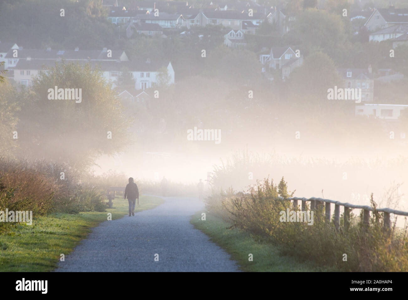 Batheaston, Bagno & North East Somerset, Regno Unito. Xx Settembre 2019. Durante la notte le temperature sono scese a cifre singole nel West Country creando le condizioni perfette per un velo di primi albori la nebbia di aderire alla campagna circostante Batheaston Prati. La mattina presto i membri del pubblico godersi la fresca, cool condizioni autunnali allo spuntar del giorno. Credito: Casper Farrell/Alamy Live News Foto Stock