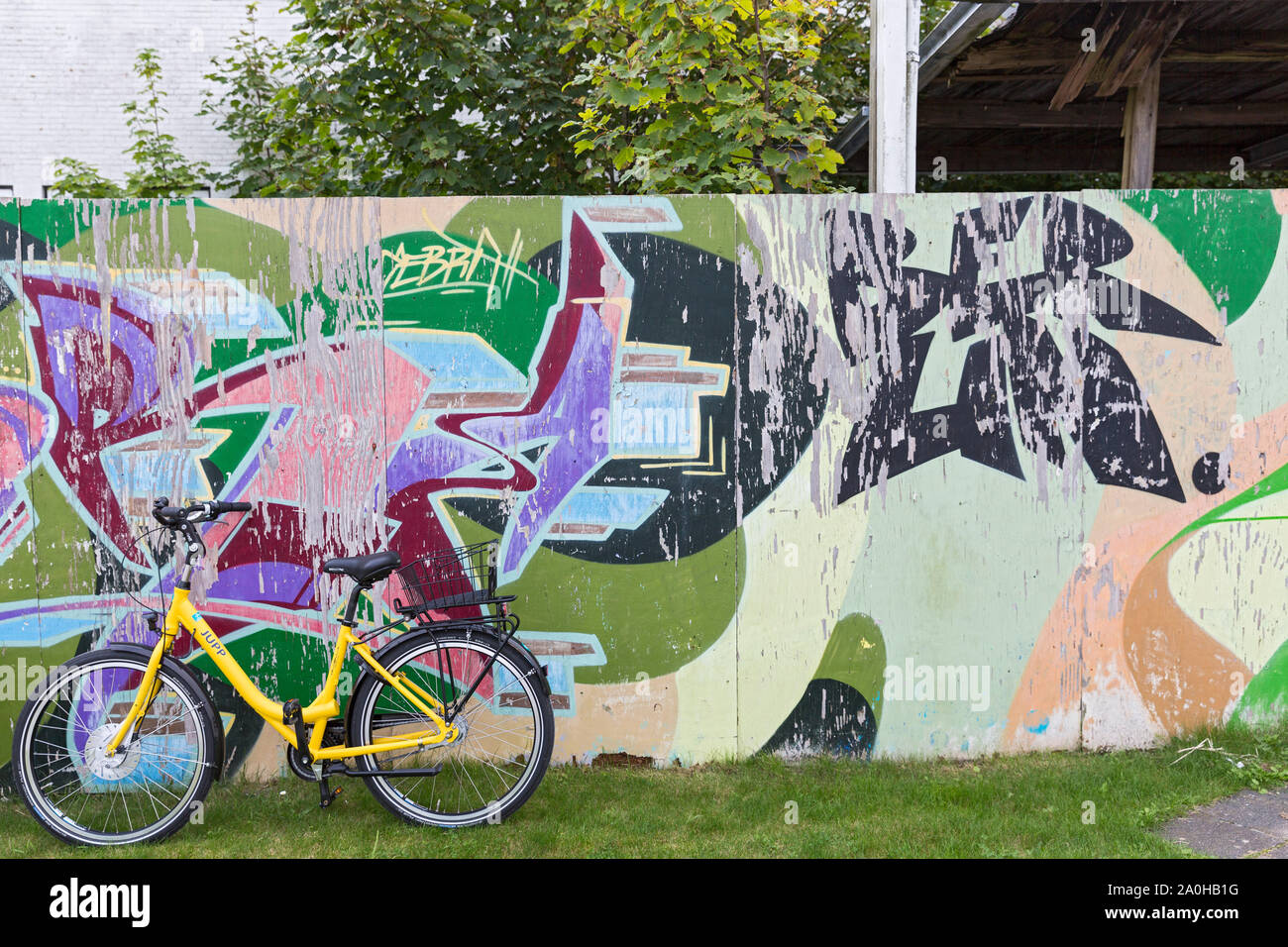Norderney; Graffiti, Bauzaun, Fahrrad, ruine, Weststrandstrasse Foto Stock