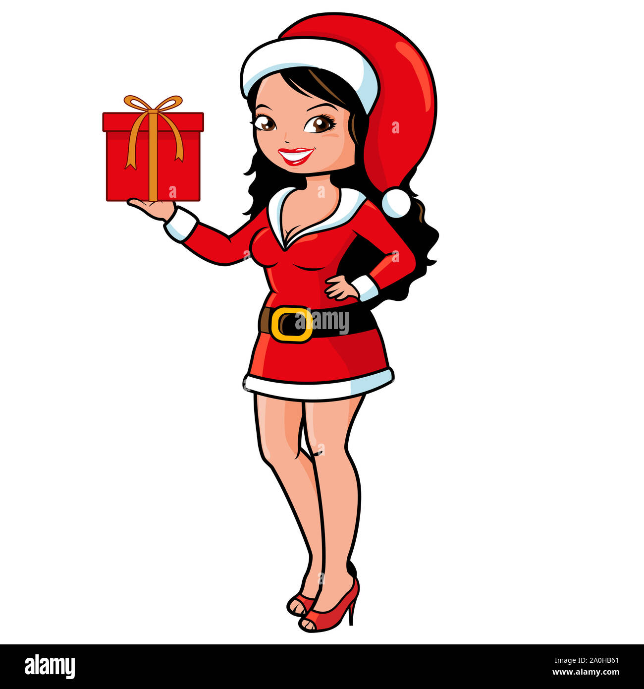 Bella donna in costume rosso di Babbo Natale con un regalo. Buon regalo natalizio natalizio. Foto Stock
