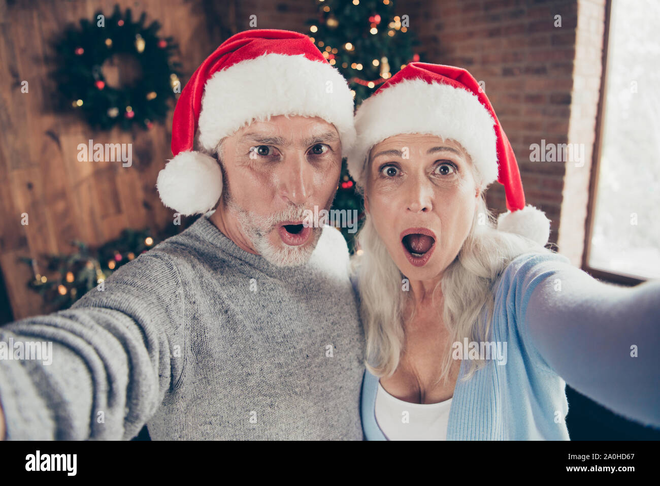 Autoritratto di due belle di Nizza allegro positivo storditi stupito stupito grey-haired persone il nonno e la nonna vicino abete aperto bocca wow Foto Stock