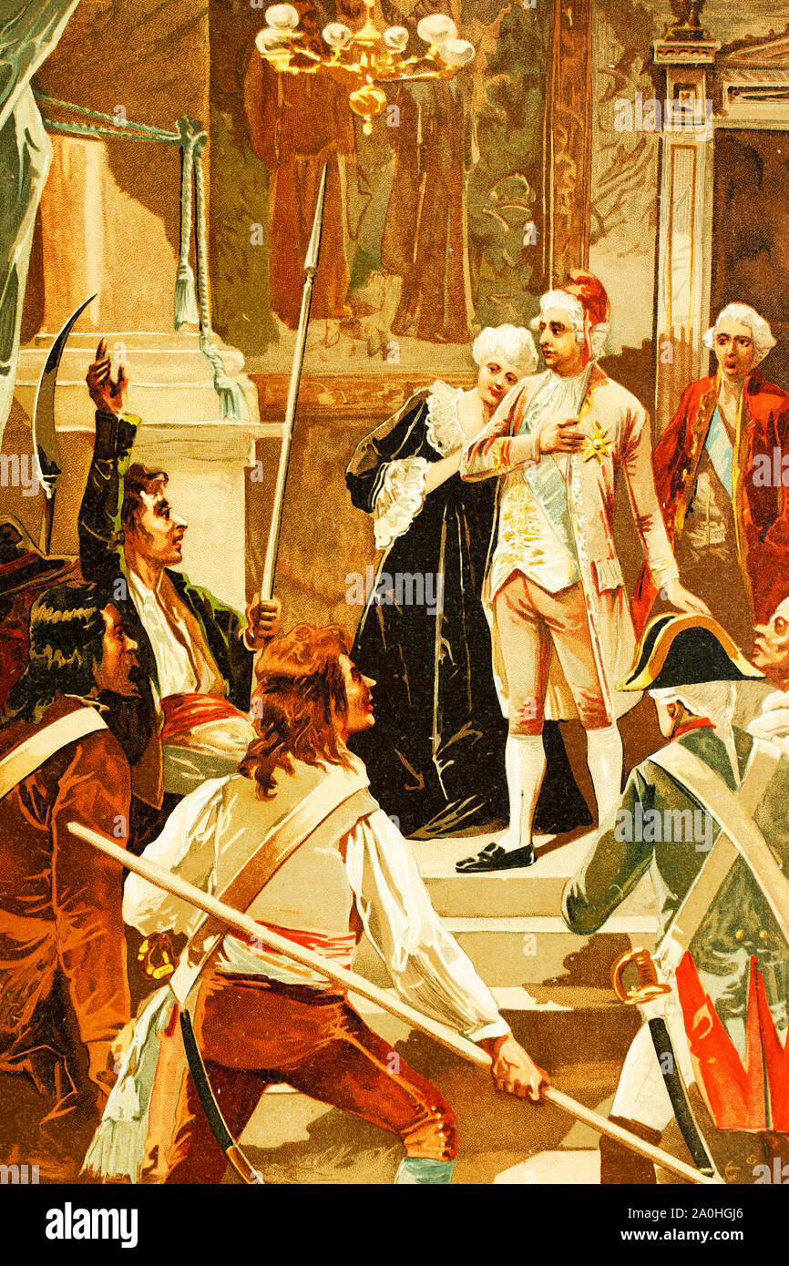 Louis XVI mettendo su un berretto frigio, simbolo della Repubblica. Rivoluzione  francese periodo. Illustrazione di antiquariato. Bood della storia, 1897  Foto stock - Alamy